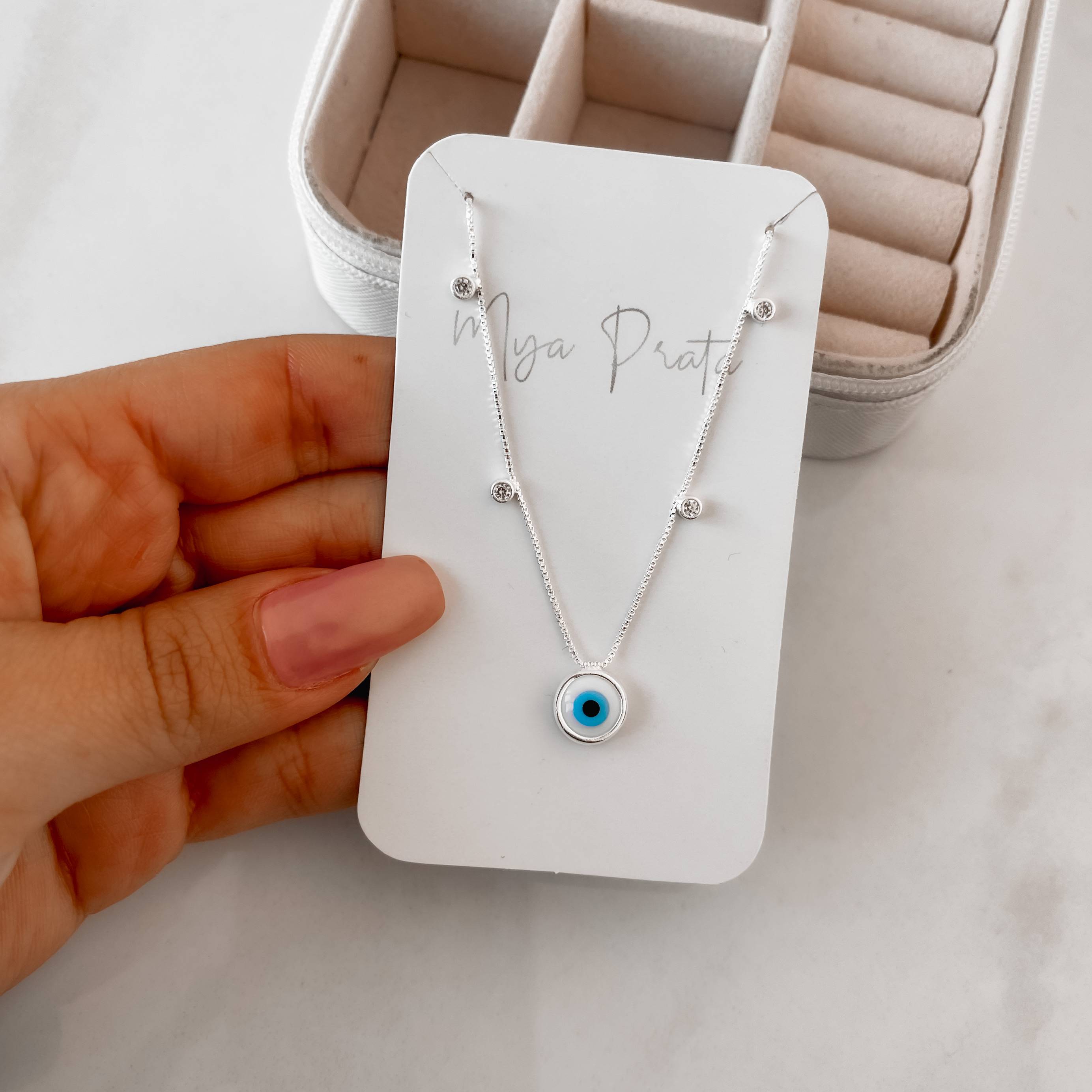 Colar olho grego 8mm detalhe mini zircônias 45cm