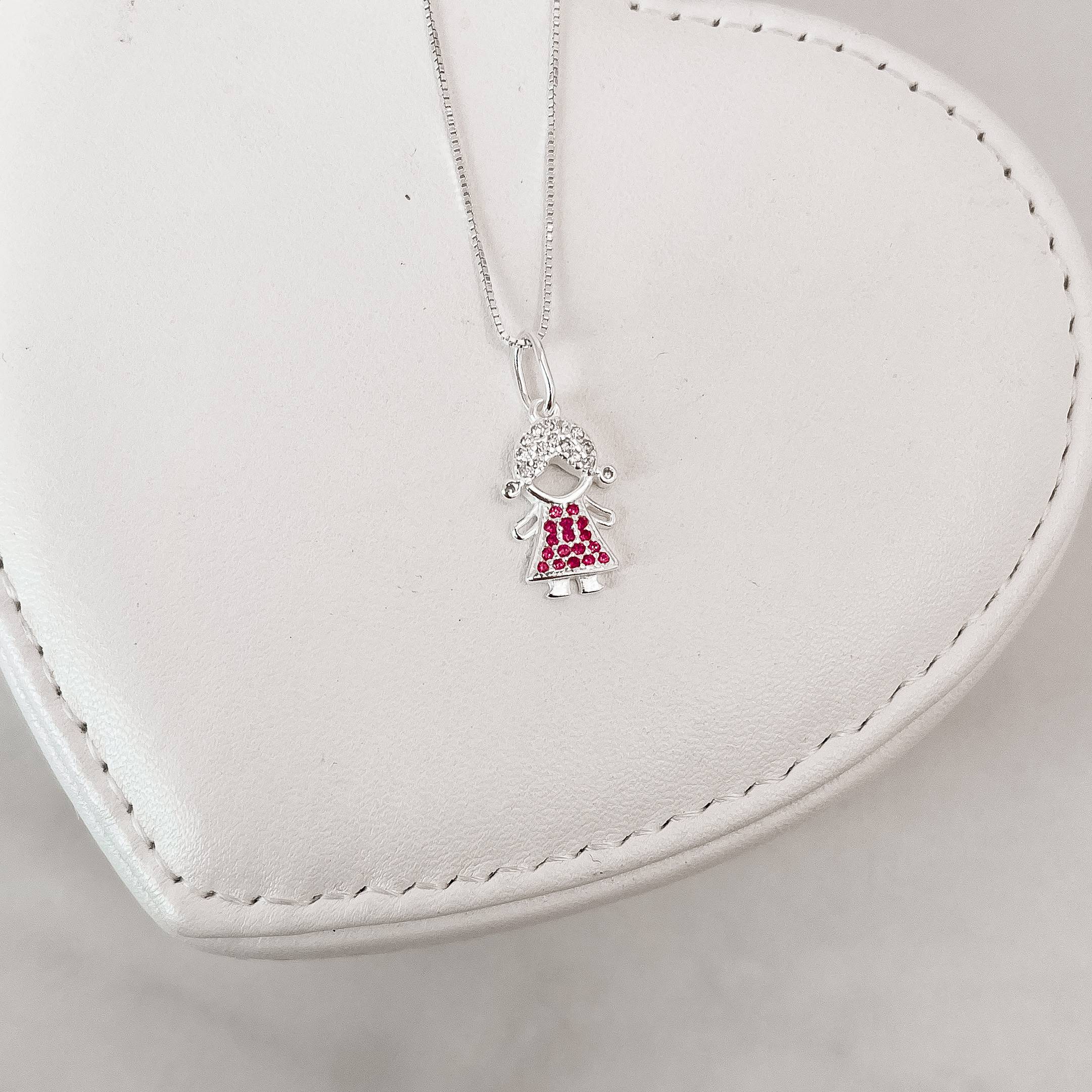 Imagem Secundária Colar pingente menina cravejada rosa 14mm 45cm