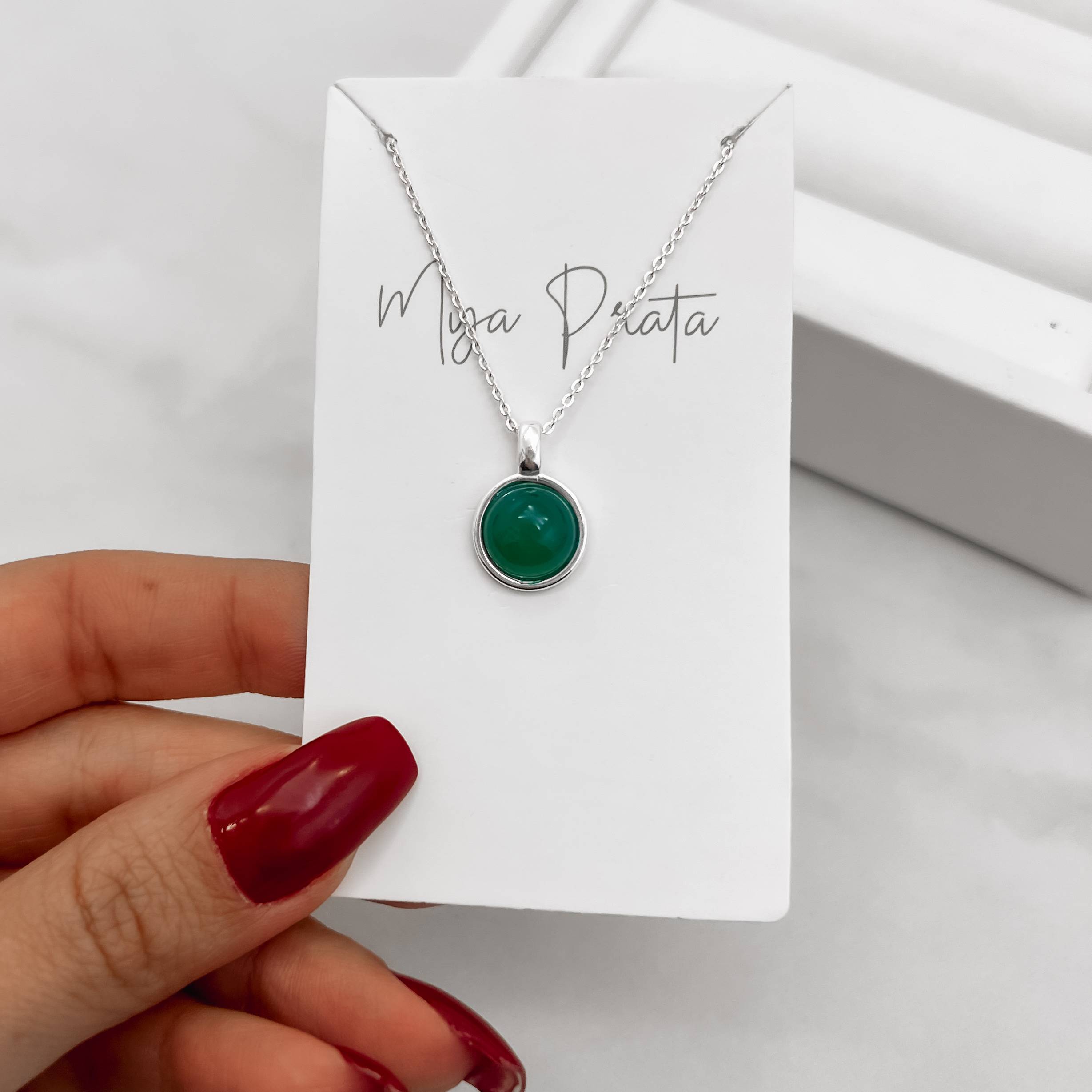 Imagem Secundária Colar pingente ágata verde 12mm corrente cadeado 45cm