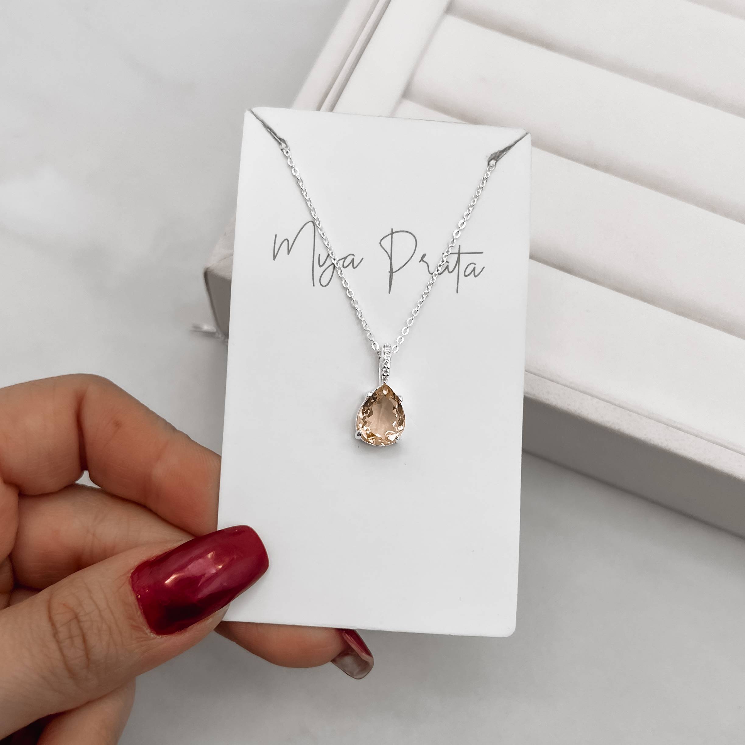 Imagem Colar pingente zircônia gota rosê 10x8mm elo cravejado corrente cadeadinho 45cm