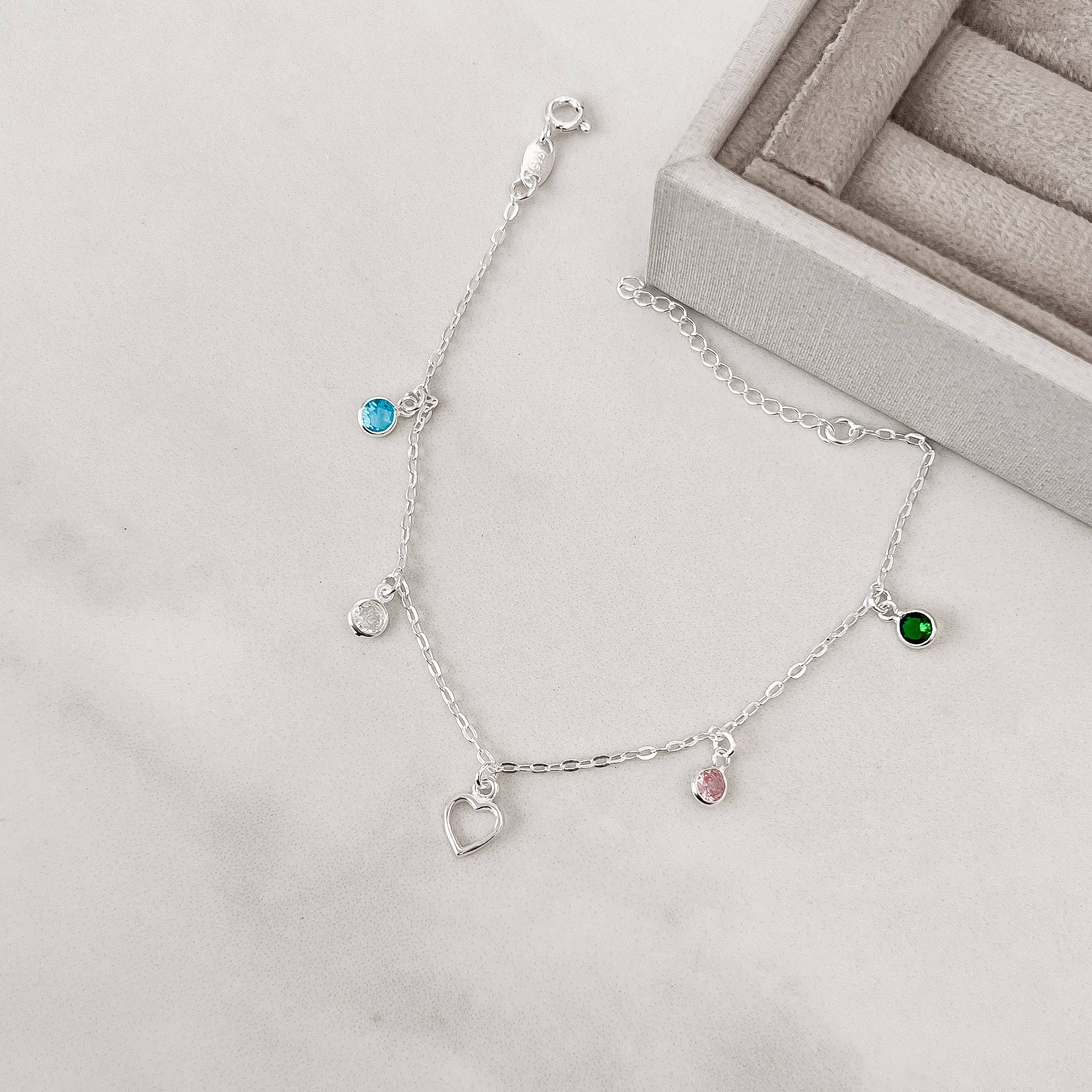 Pulseira pingentes coração vazado e zircônias coloridas 5mm corrente cadeado