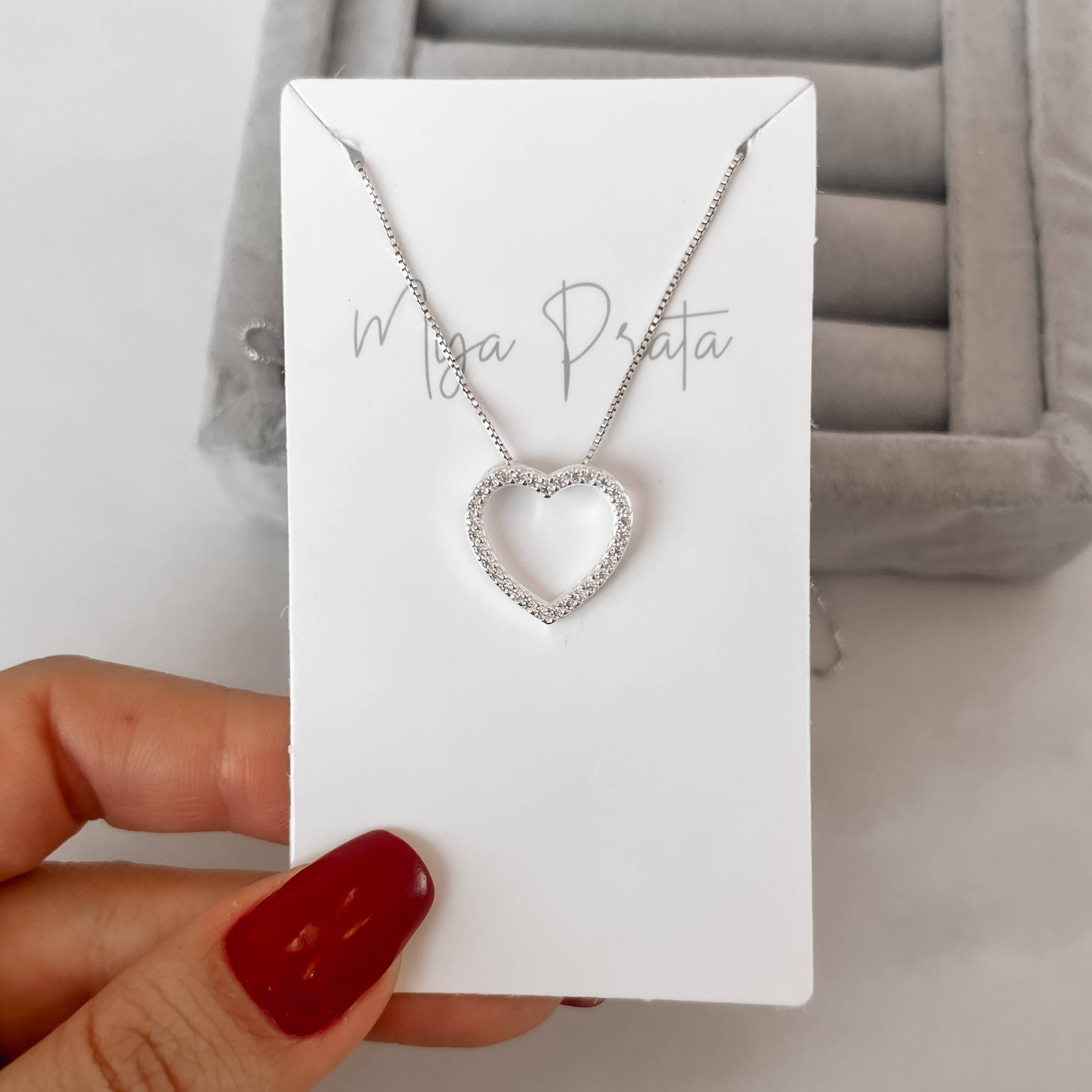 Imagem Colar coração vazado cravejado 15mm 45cm