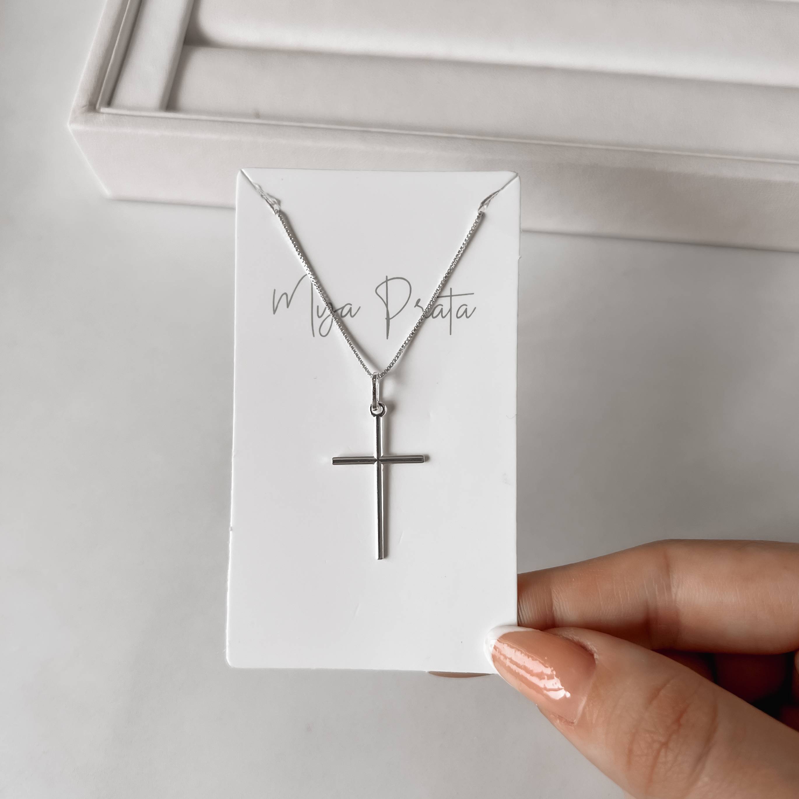 Colar pingente cruz palito 25mm 45cm