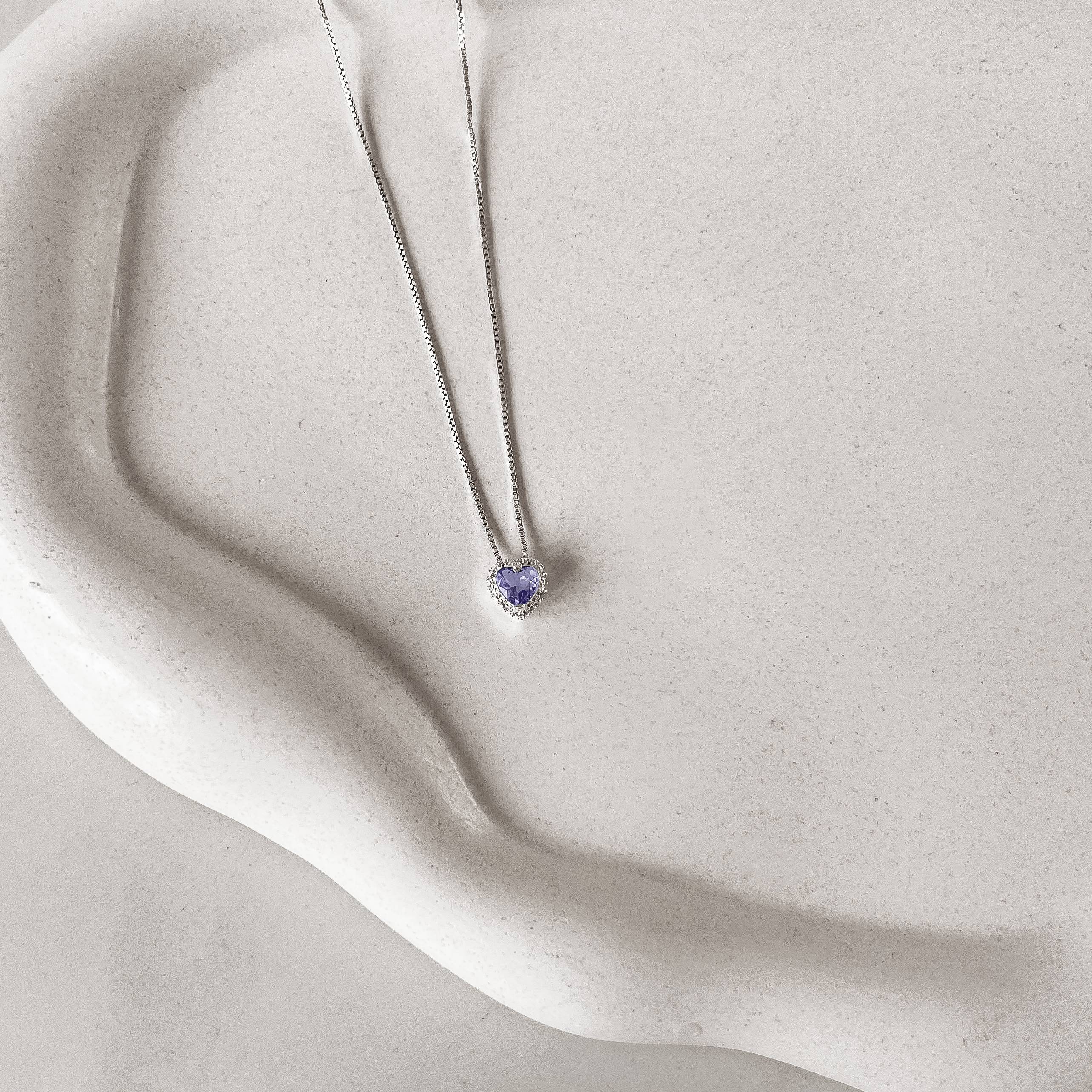 Imagem Secundária Colar zircônia coração lilás com cravejado 7mm 40cm