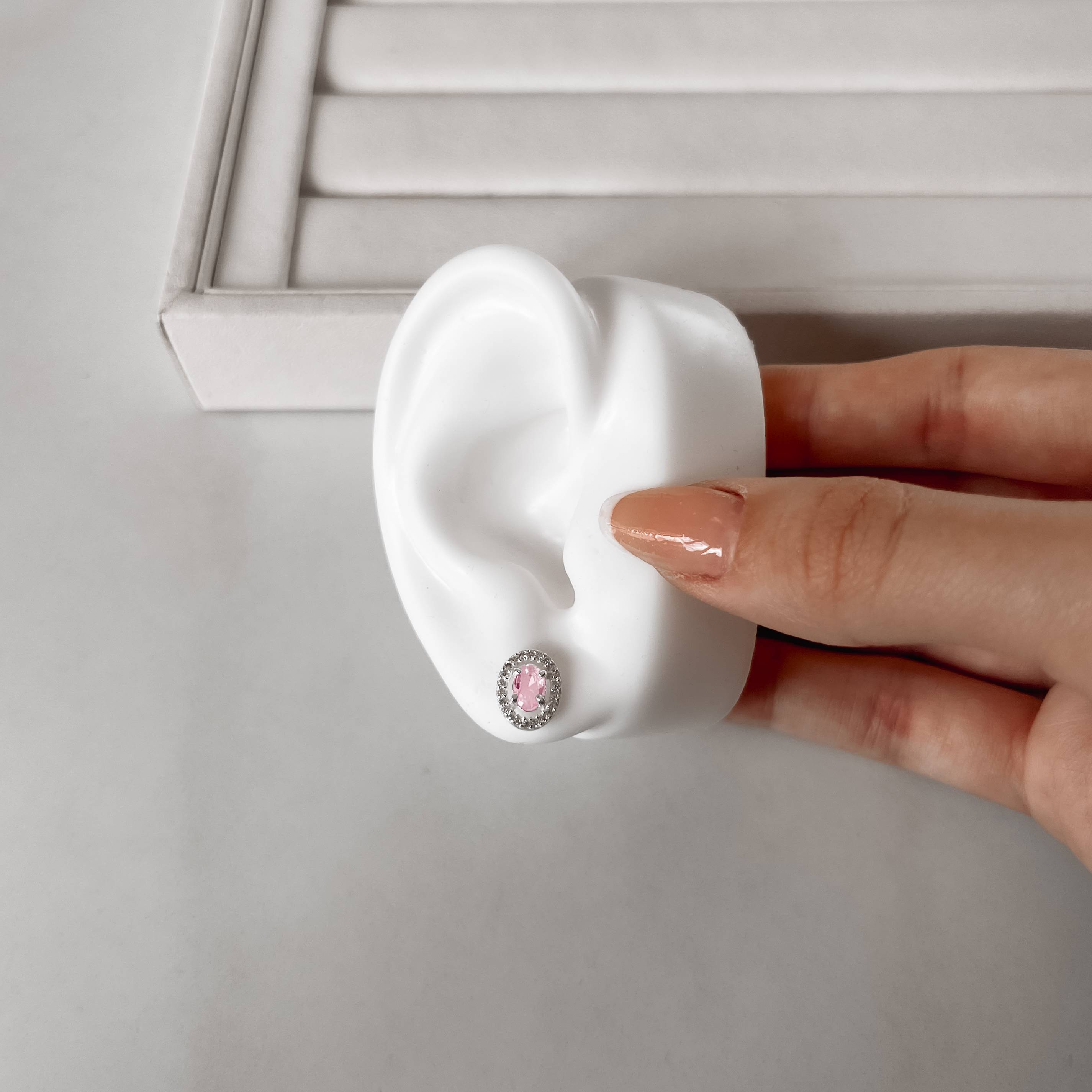 Imagem Secundária Brinco zircônia oval rosa com cravejado 11mm