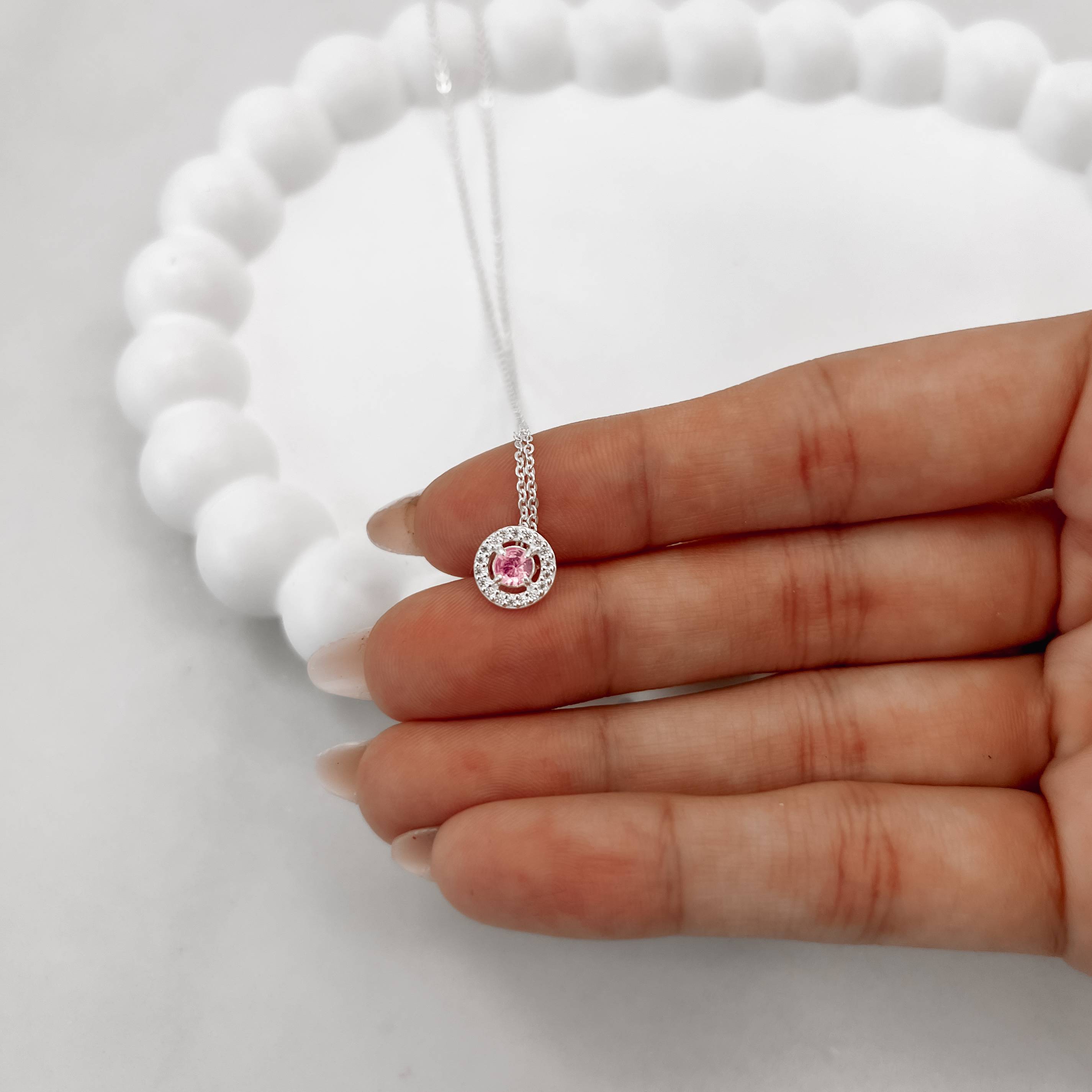 Colar zircônia redonda rosa com cravejado 9mm corrente cadeadinho 45cm