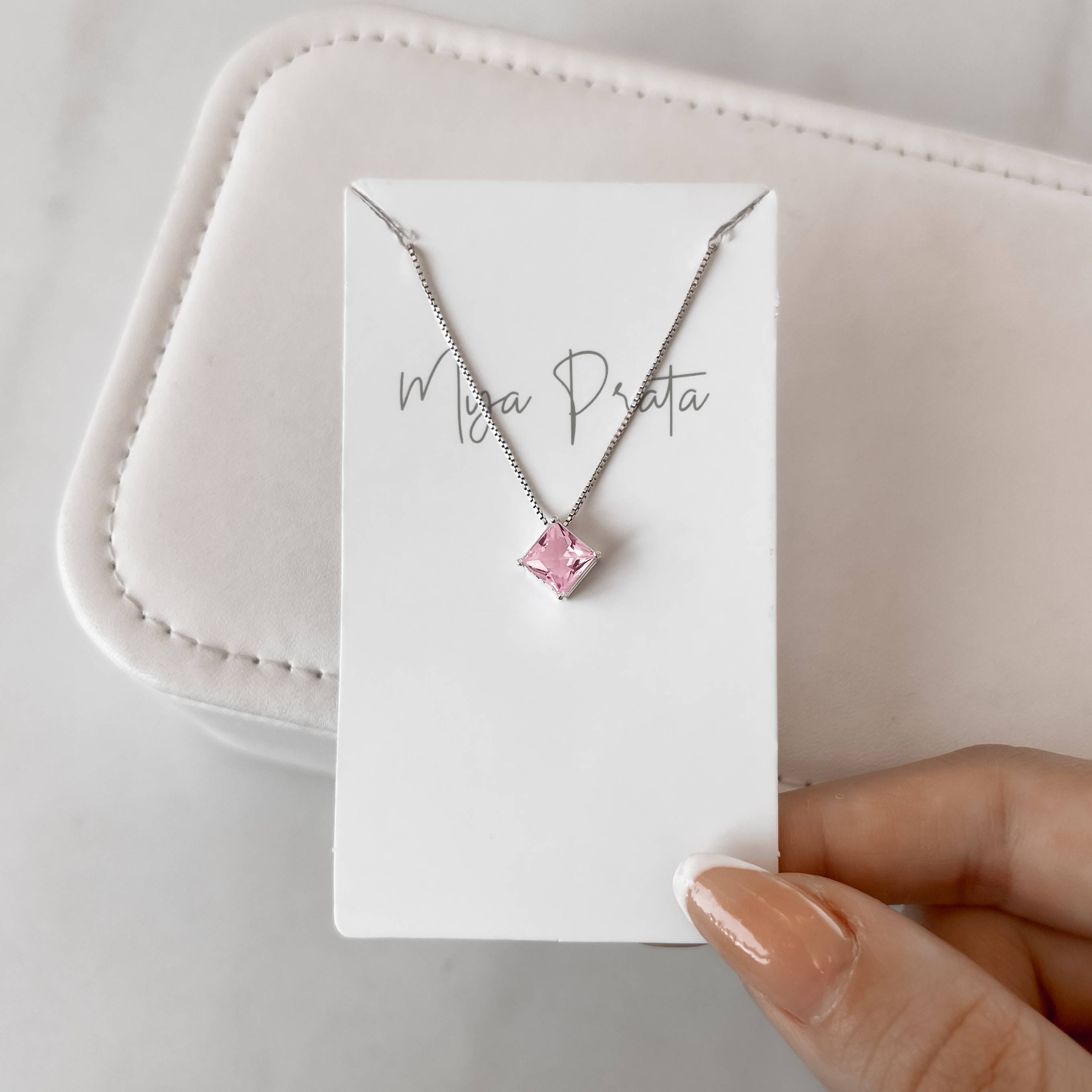 Imagem Colar zircônia losango rosa 10mm 45cm