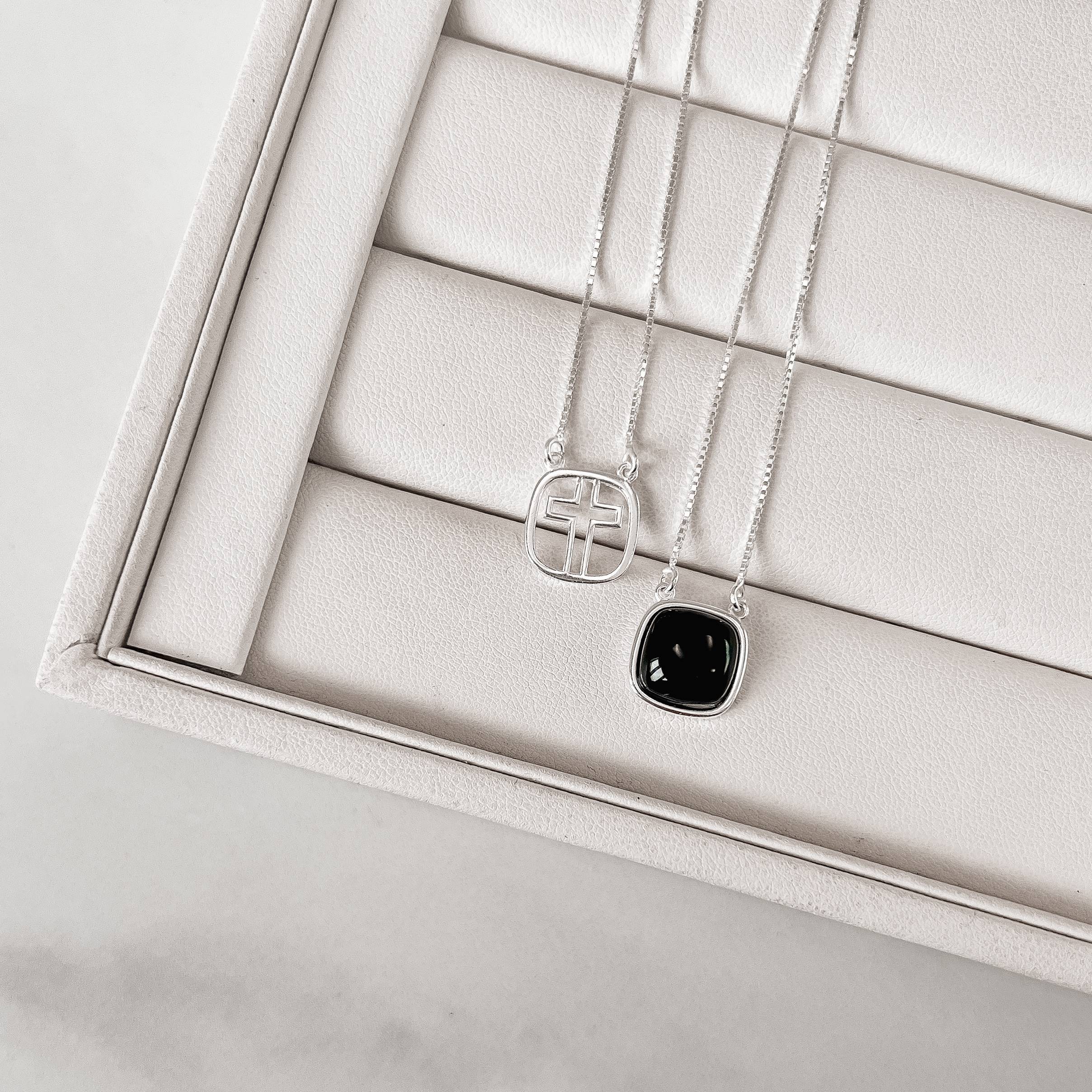 Escapulário cruz e pedra ônix v15 60cm