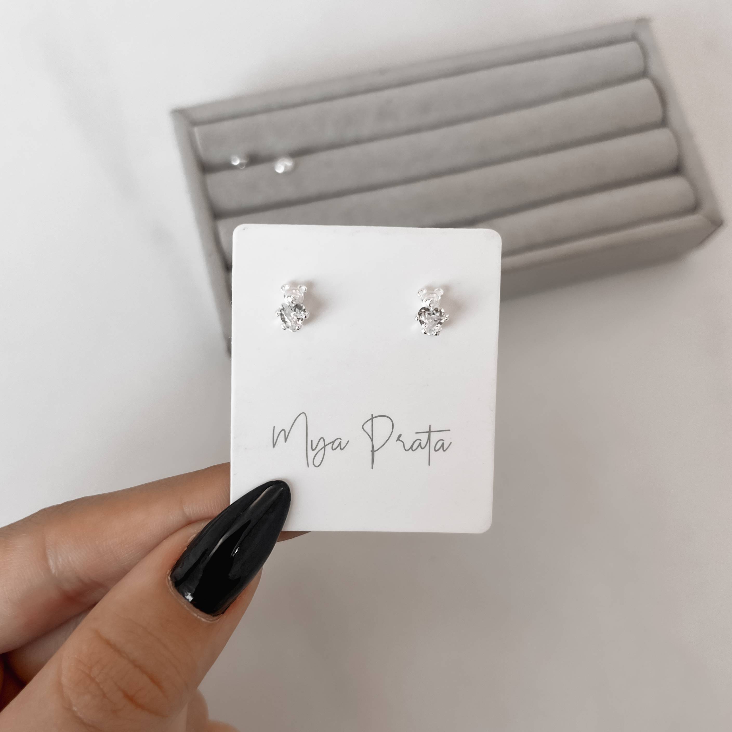 Brinco infantil urso com zircônia coração cristal 7mm tarraxa baby