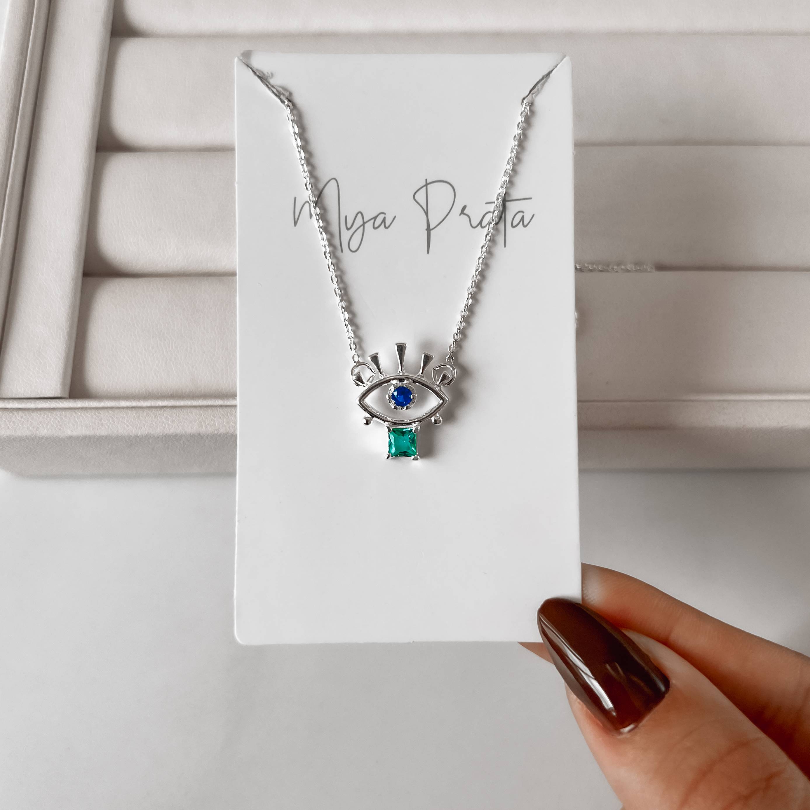 Imagem Colar olho com zircônias azul e acqua 17mm corrente cadeado 40cm com alongadora