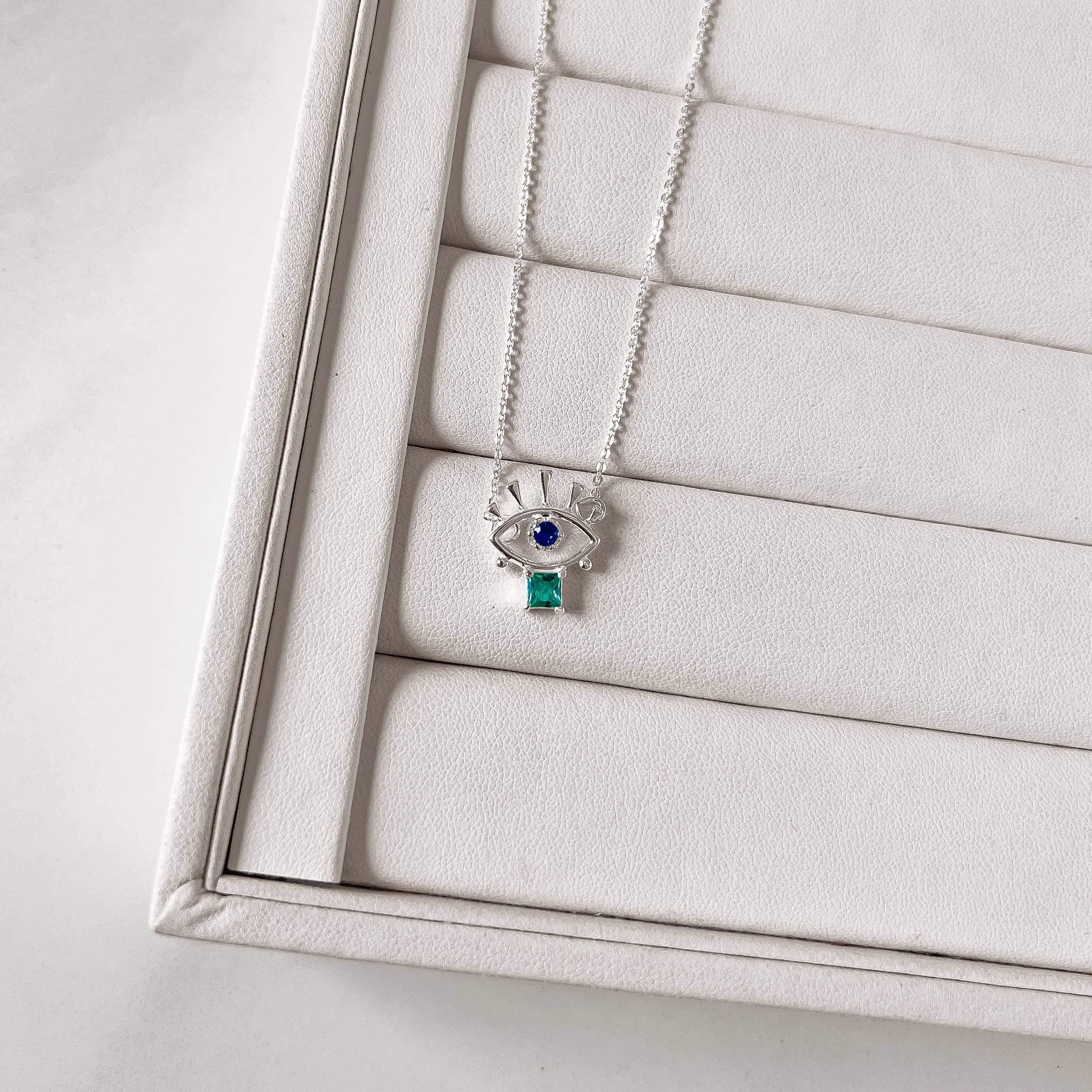 Imagem Secundária Colar olho com zircônias azul e acqua 17mm corrente cadeado 40cm com alongadora