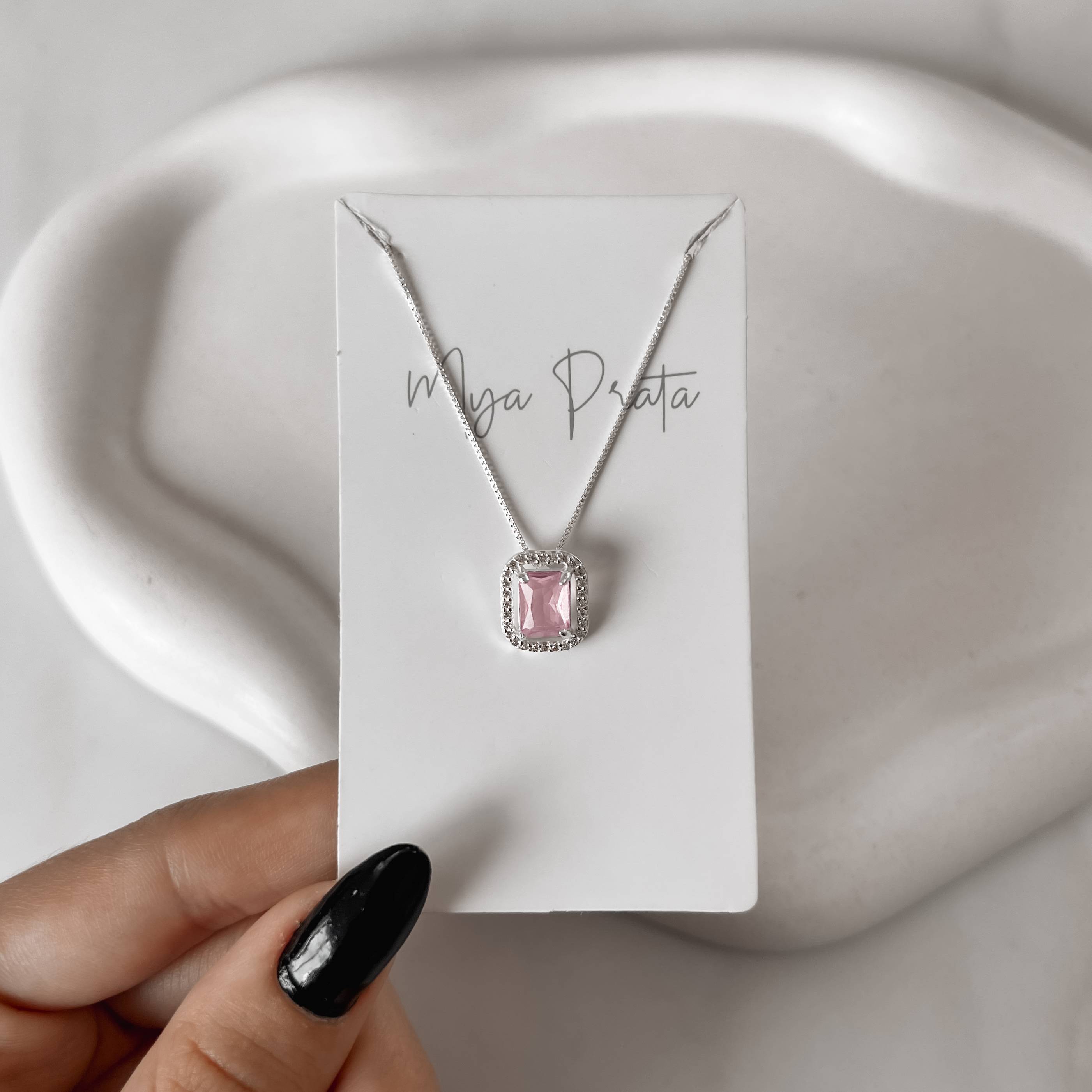 Colar zircônia retangular rosa com cravejado 13mm 45cm