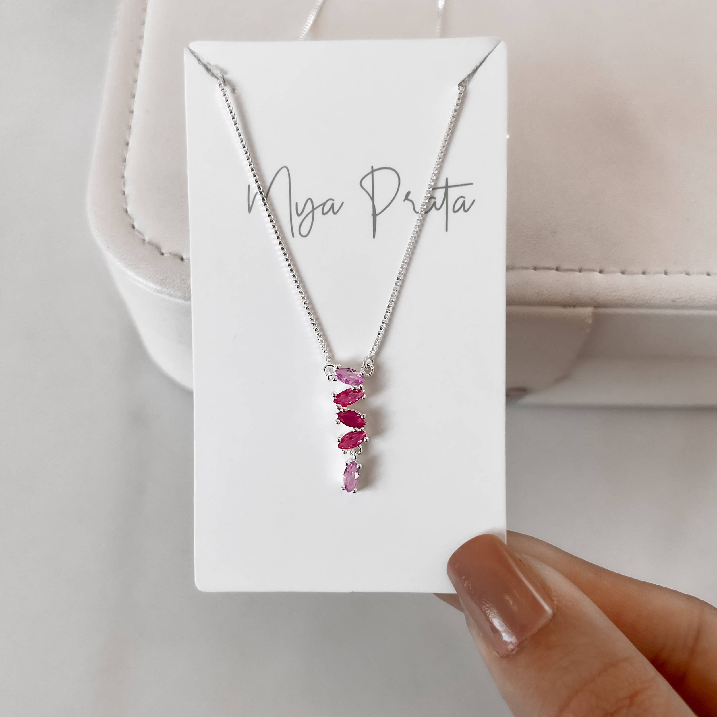 Imagem Colar entremeio zircônias navete rosa 21mm v15 40+5cm