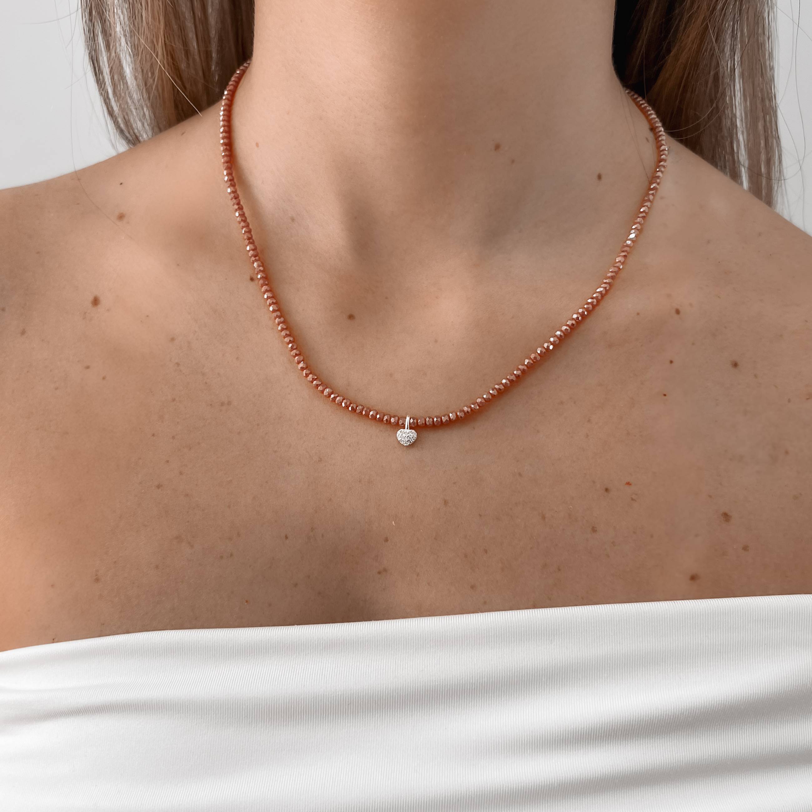 Colar cristal terracota irisado 3mm pingente coração cravejado 6mm 40+5cm