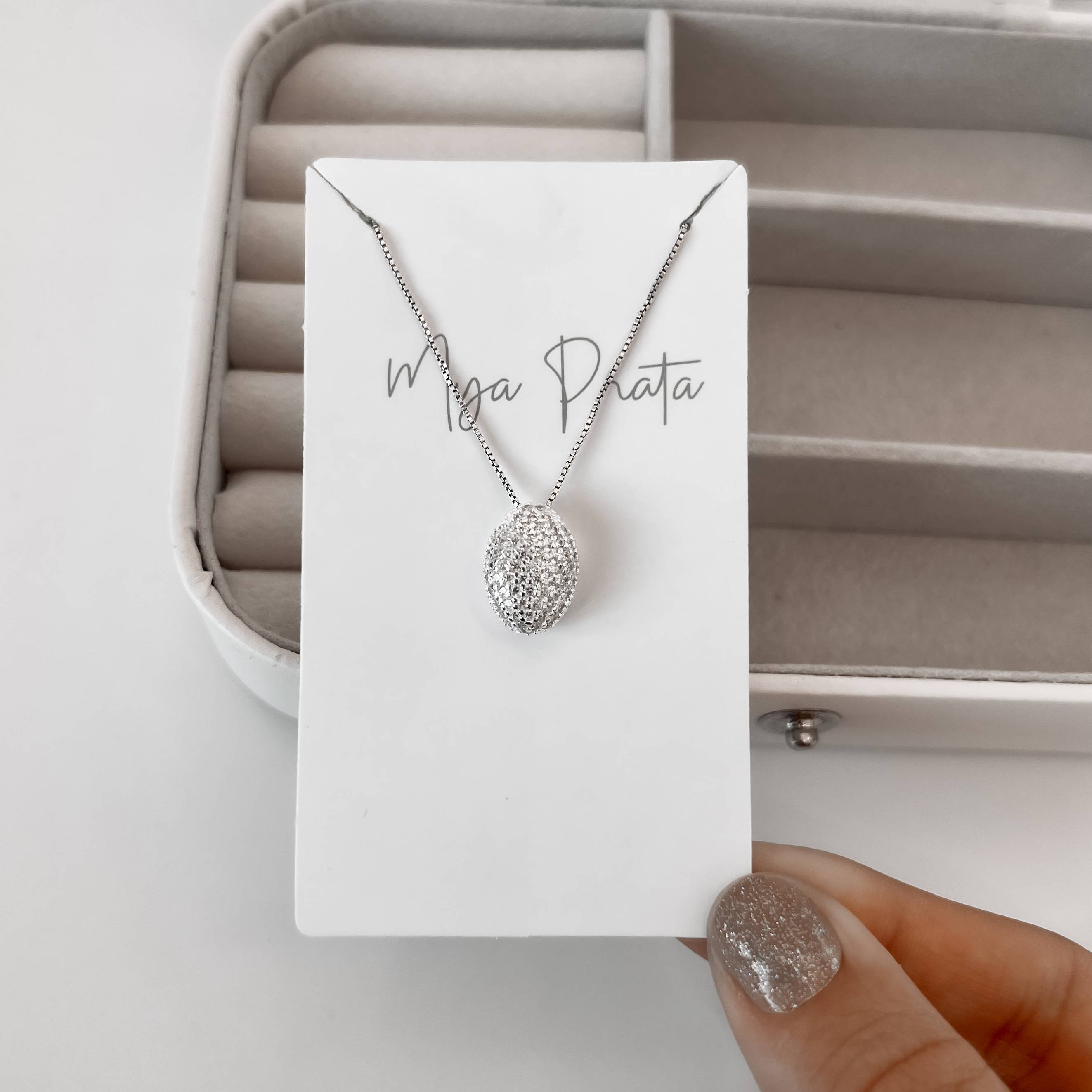 Colar pingente oval todo cravejado 15mm 45cm