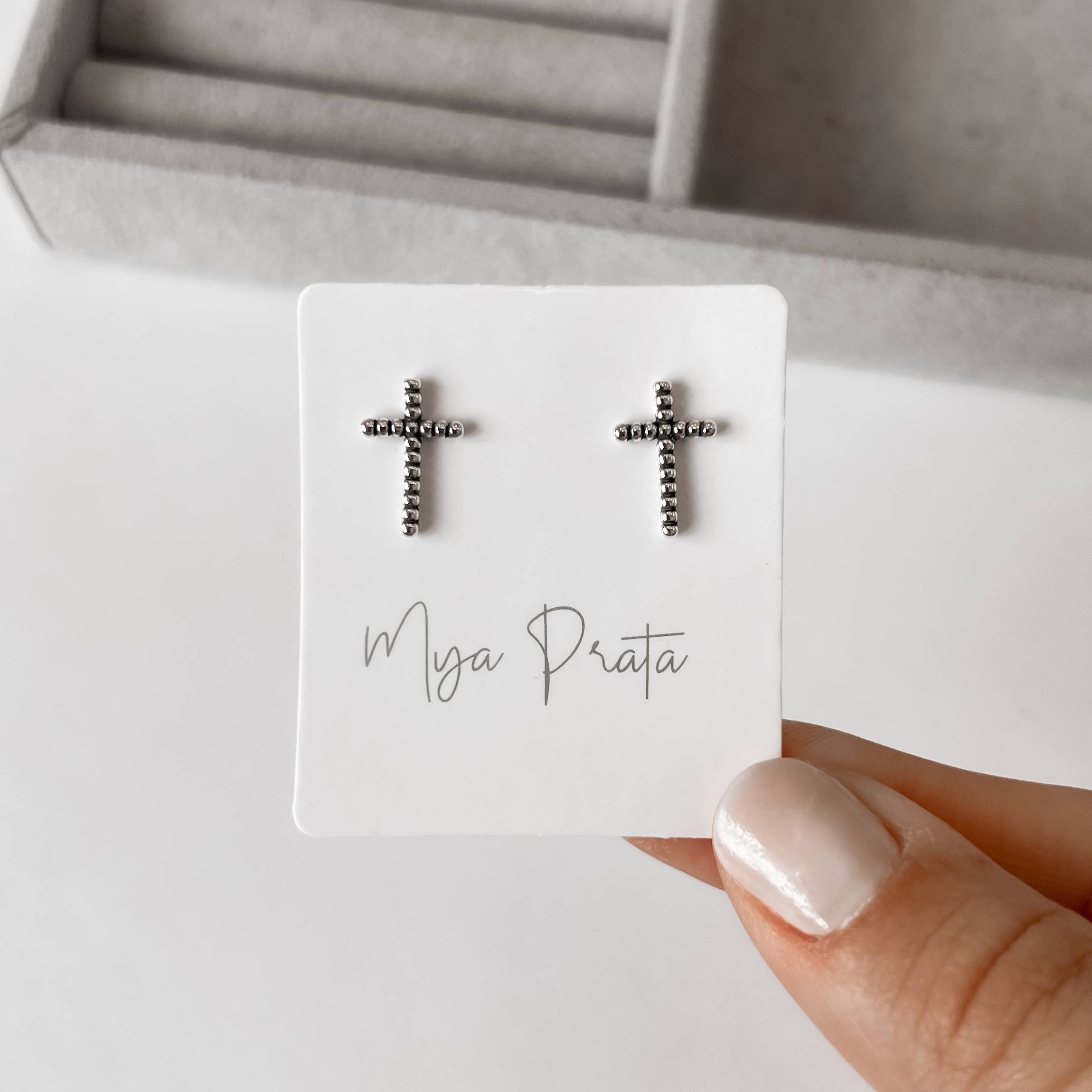 Imagem Secundária Brinco cruz fio bolinhas envelhecido 13mm