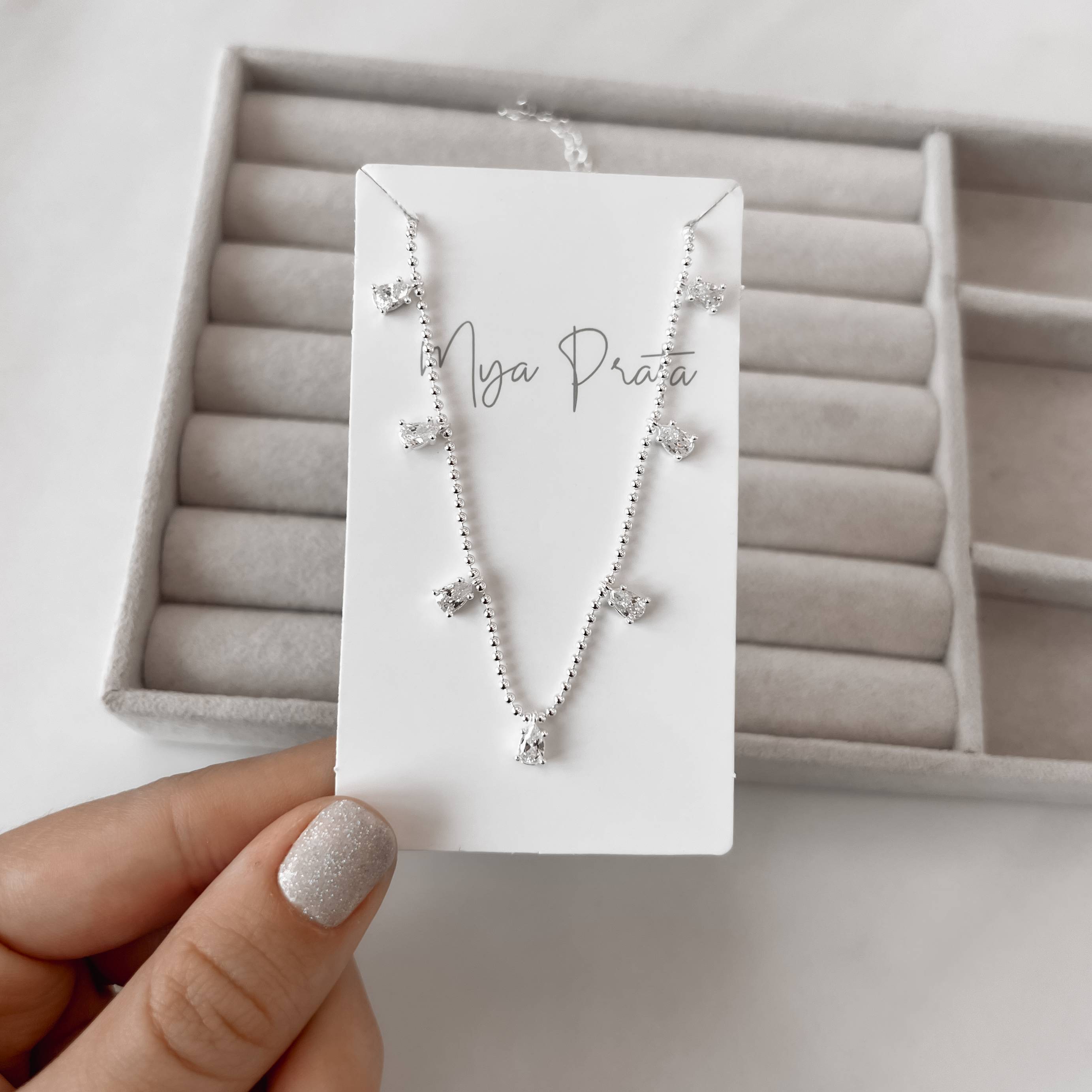 Imagem Colar micro bolas com pingentes zircônias gota 5mm 40+5cm