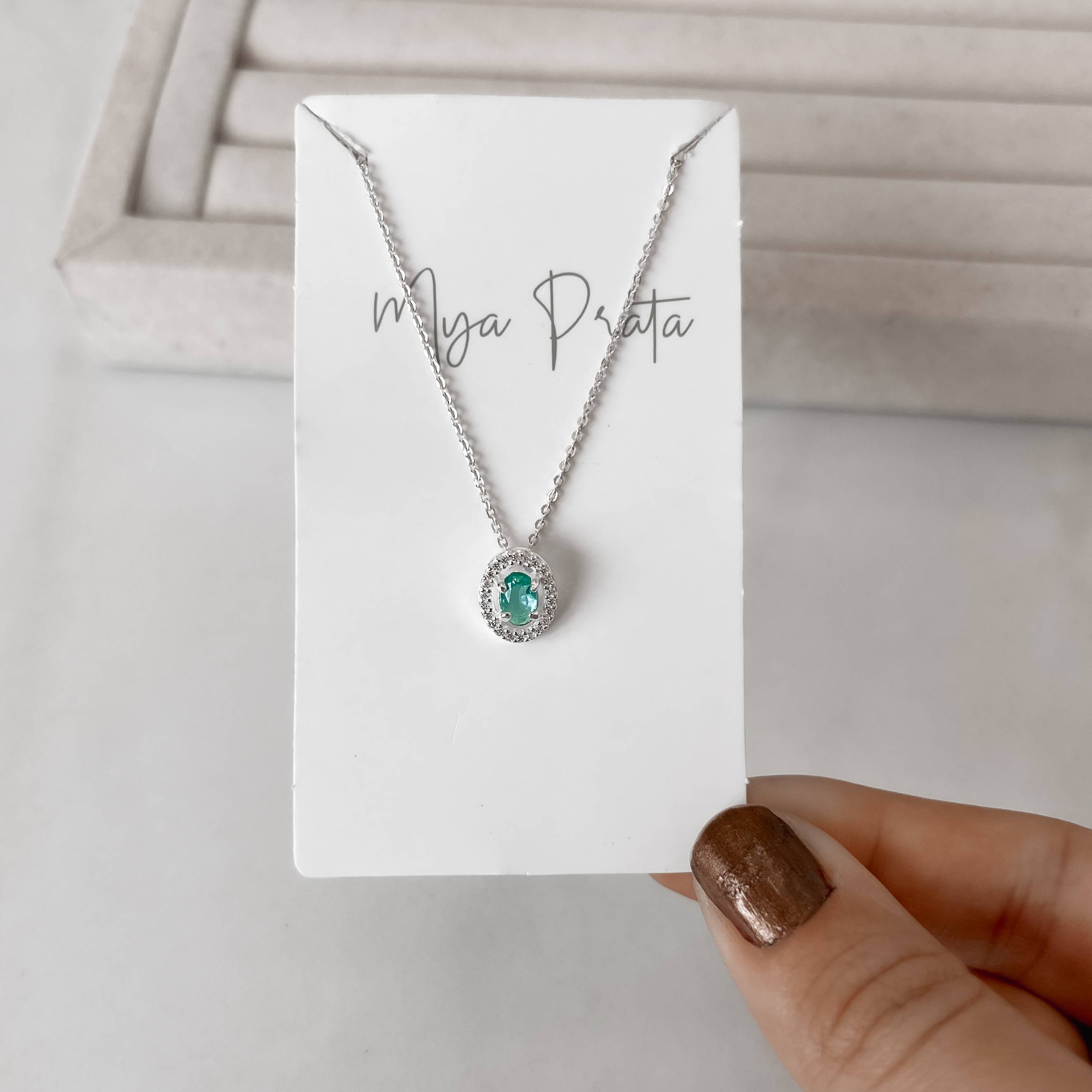 Colar zircônia oval acqua com cravejado 11mm corrente cadeadinho 45cm