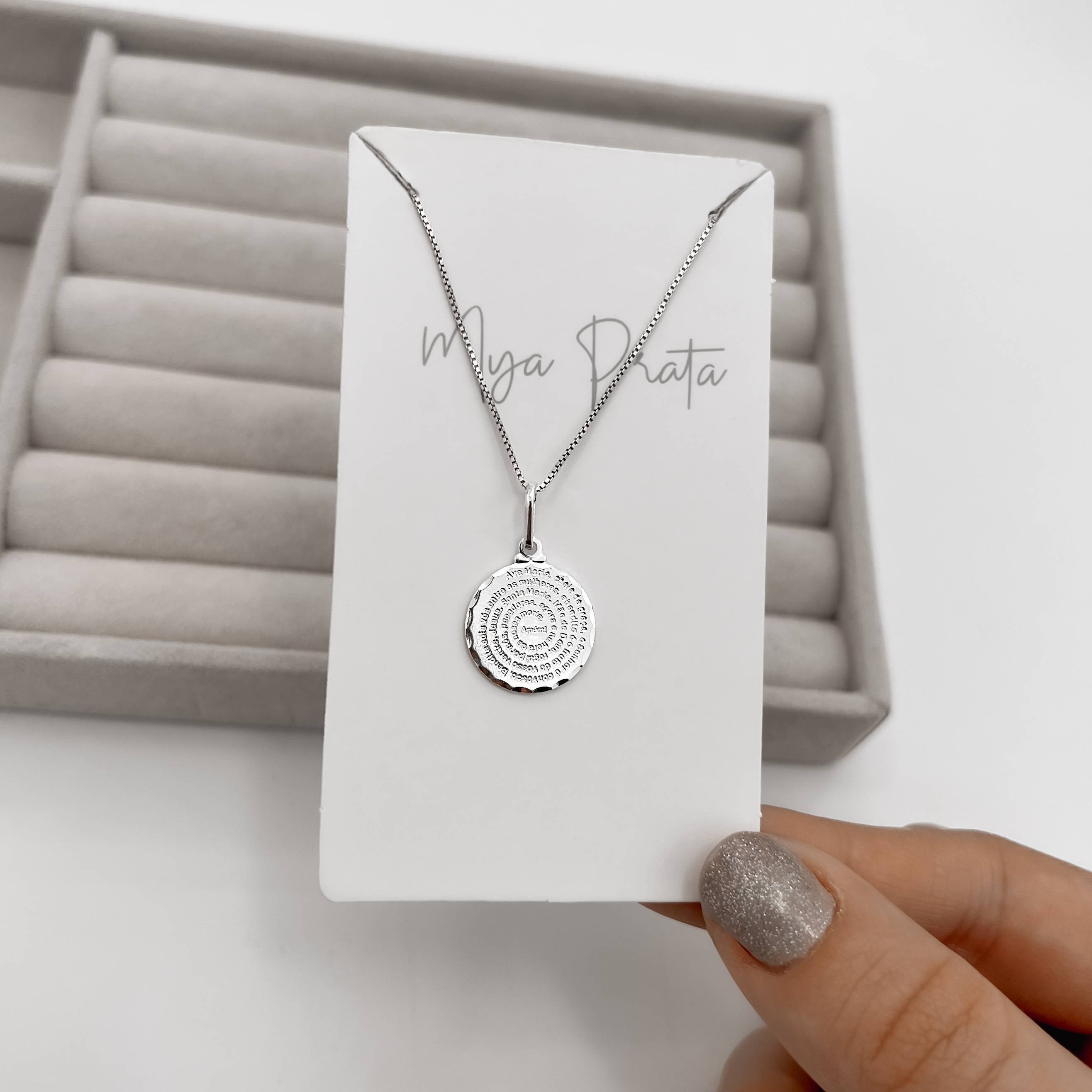 Imagem Secundária Colar pingente medalha Ave Maria 15mm 45cm