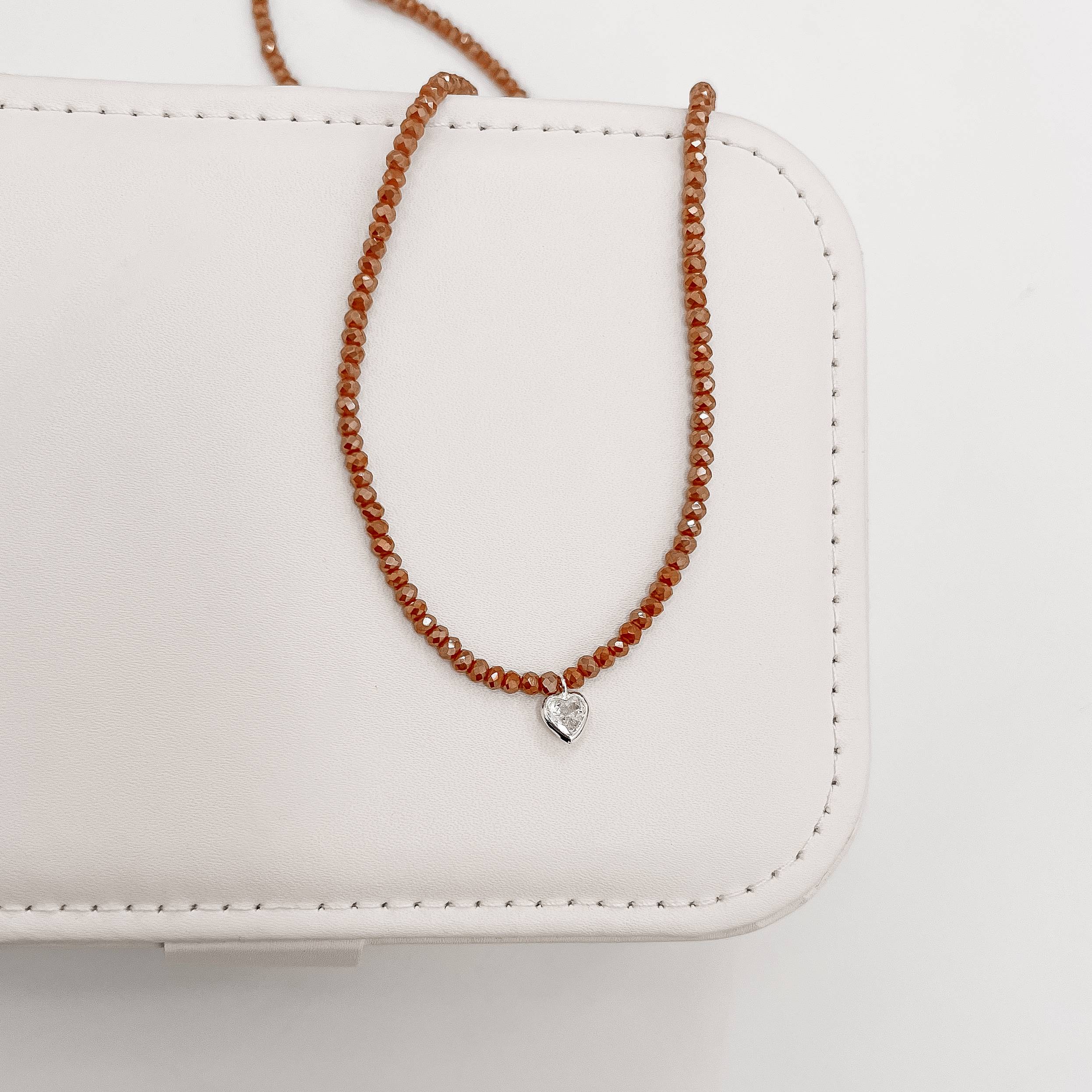 Choker cristal terracota 3mm pingente zircônia coração cristal 6mm 40+5cm