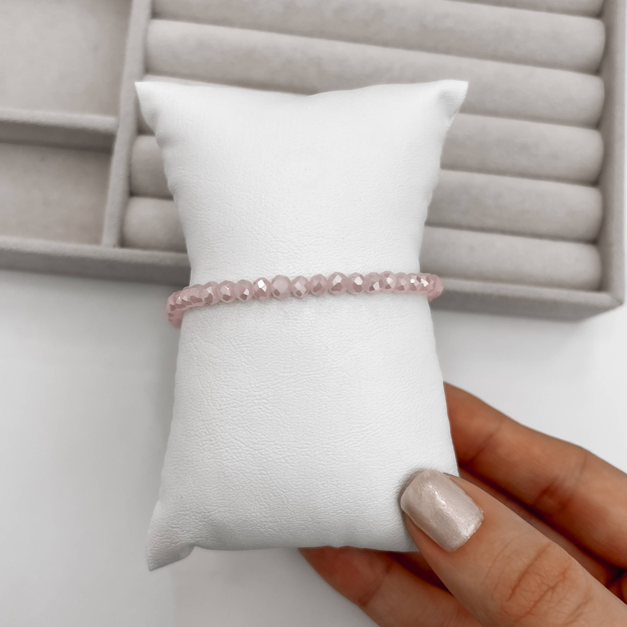 Pulseira cristal rosa irisado 4mm 16cm com alongadora