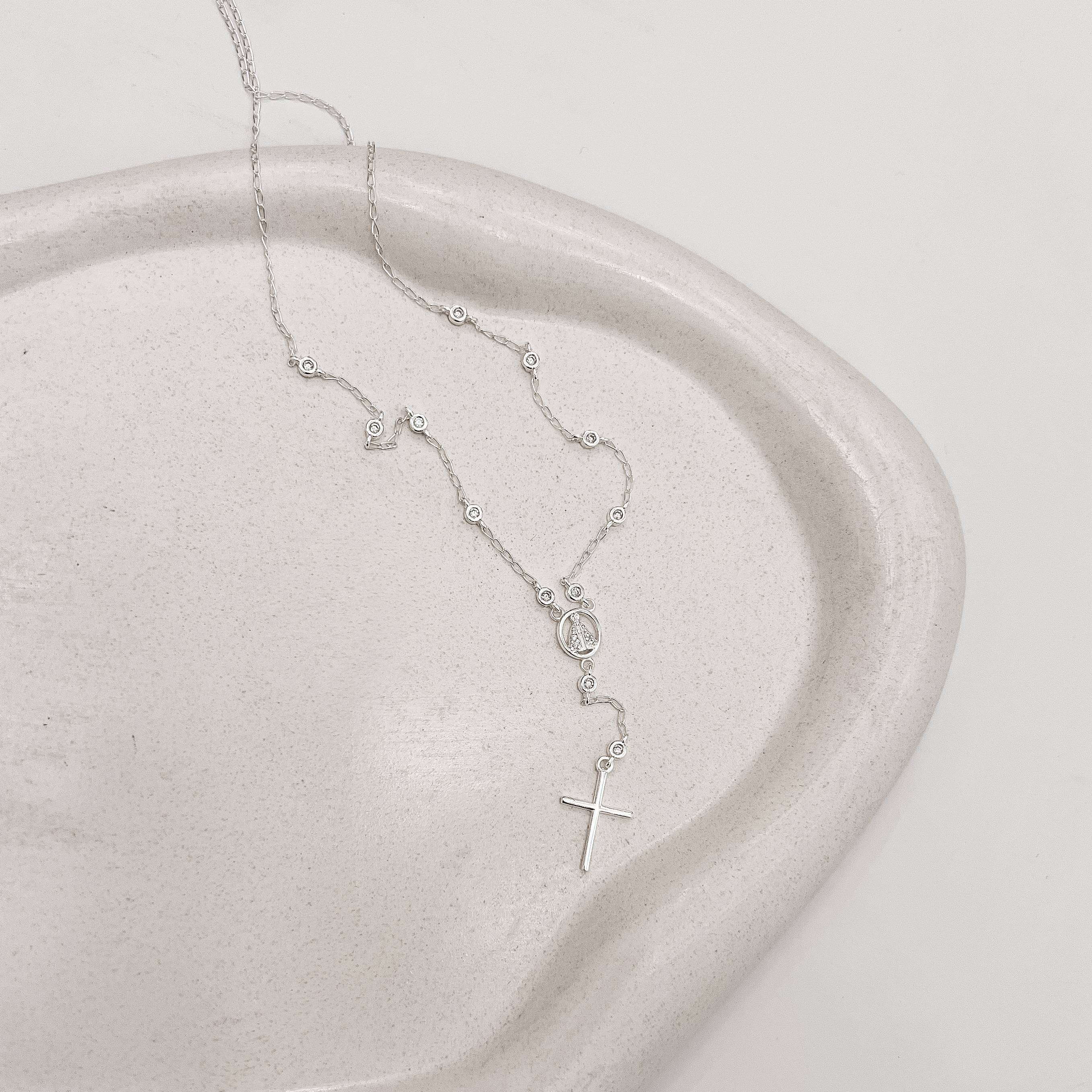 Imagem Colar Nsa. Sra. Aparecida terço com zircônias 45cm com alongadora