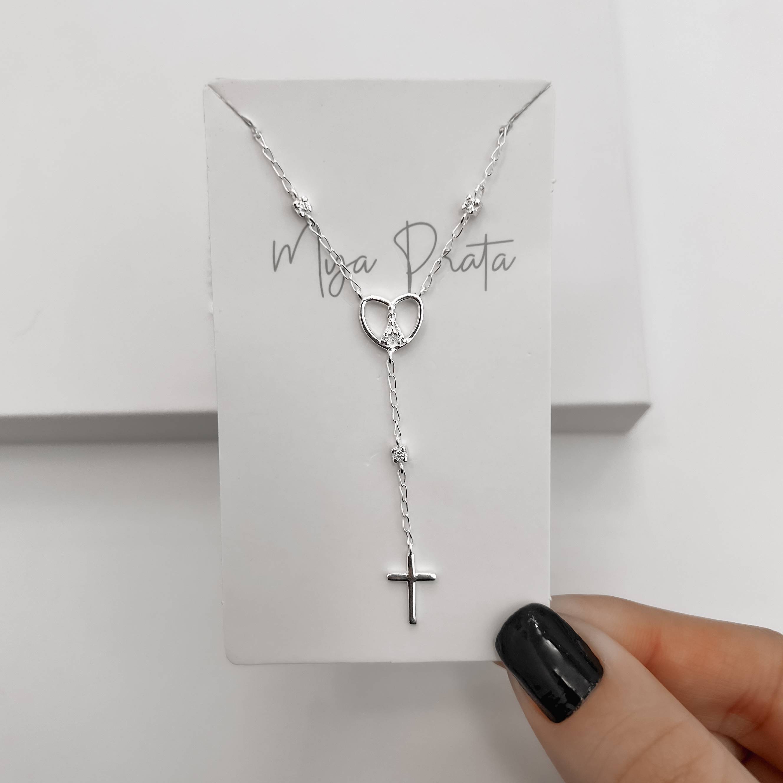 Imagem Secundária Colar coração Nsa. Sra. Aparecida terço com zircônias 45cm com alongadora