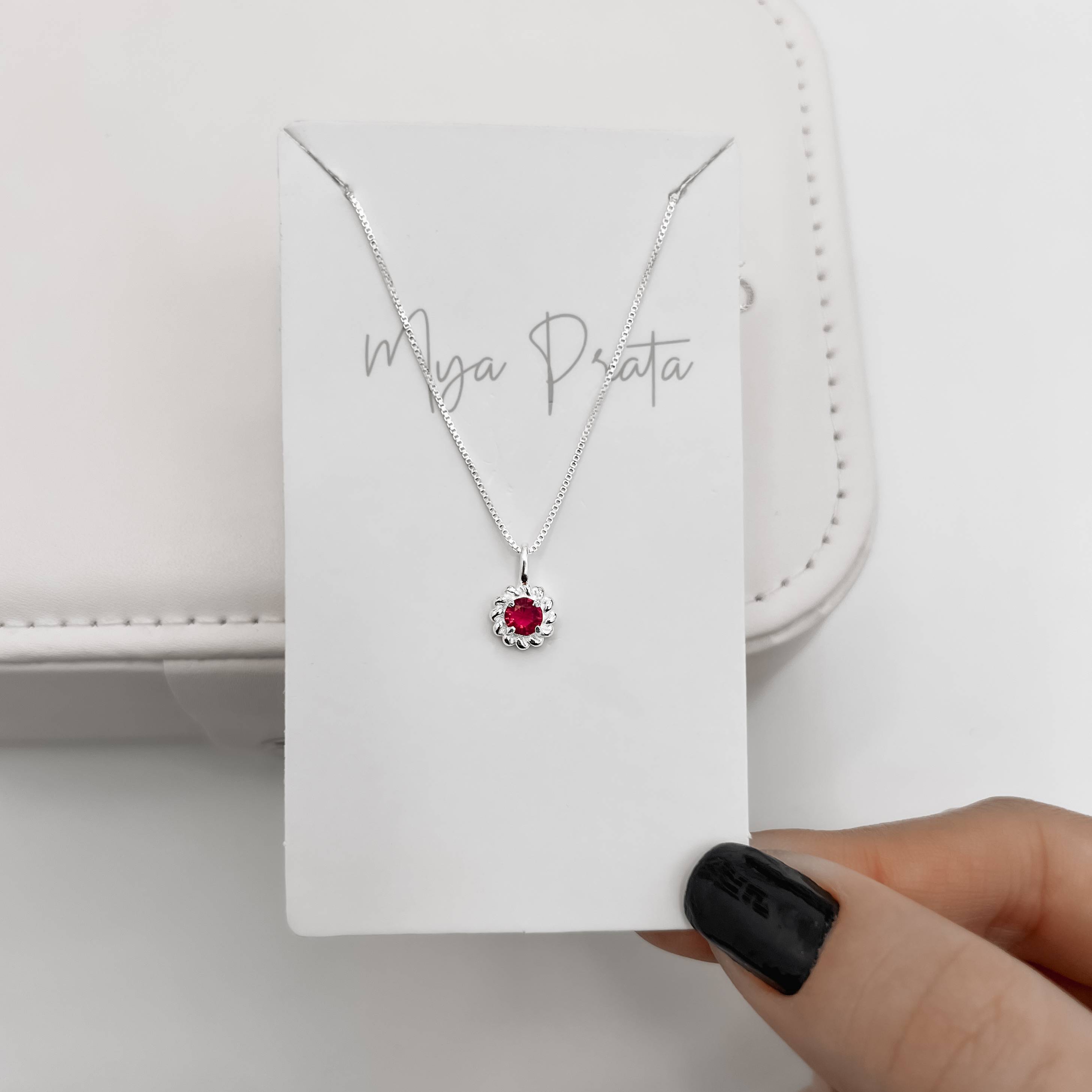 Imagem Colar pingente zircônia redonda cereja detalhe torcido 7mm 40cm