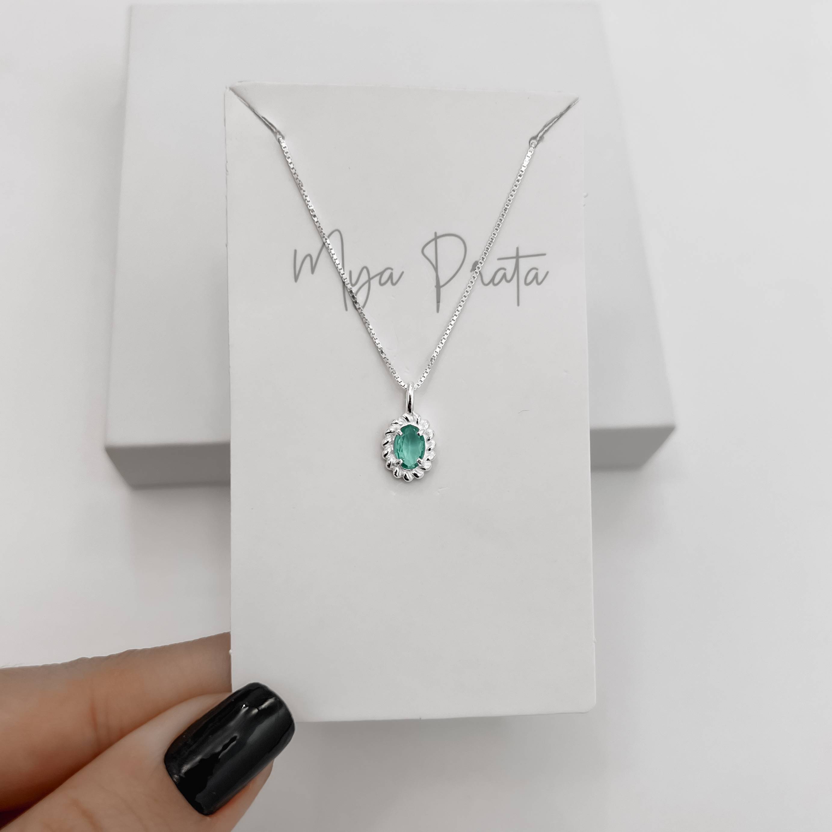 Imagem Colar pingente zircônia oval acqua detalhe torcido 10mm 45cm