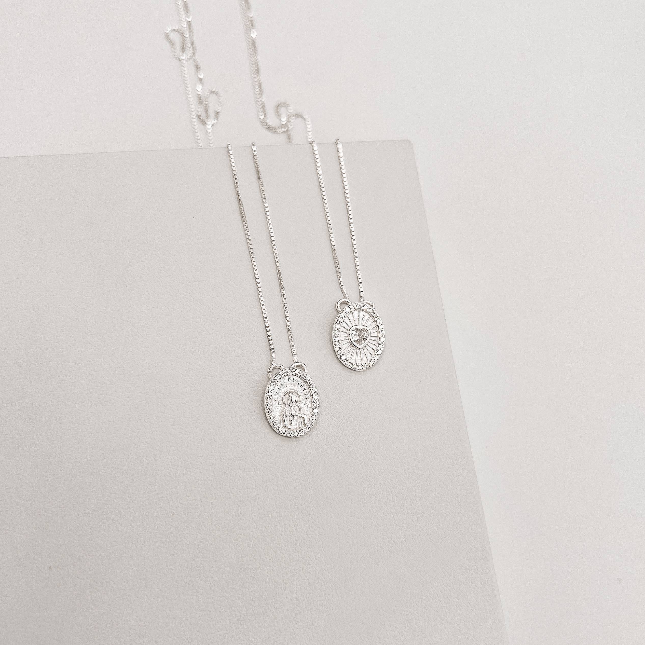 Escapulário medalhas Sagrado Coração e zircônia coração com cravejado v12 60cm