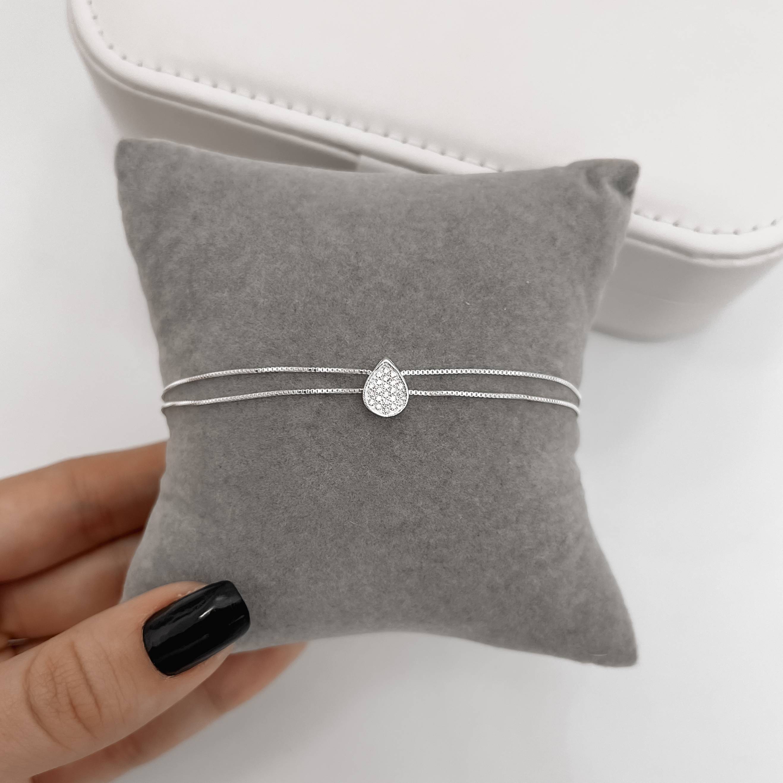 Imagem Secundária Pulseira entremeio gota cravejada 9mm corrente dupla 17cm com alongadora