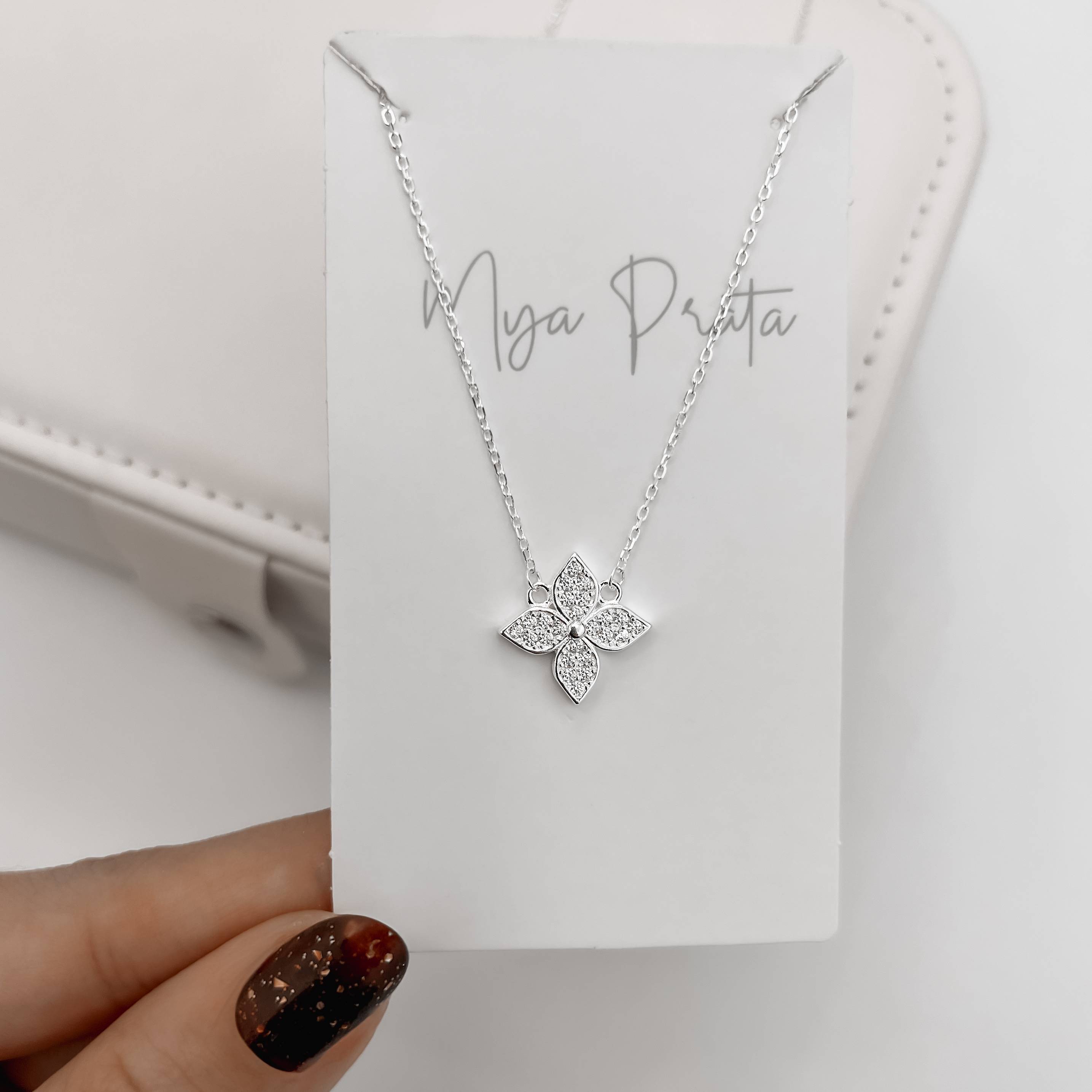 Imagem Secundária Colar entremeio flor cravejada 15mm 40+5cm