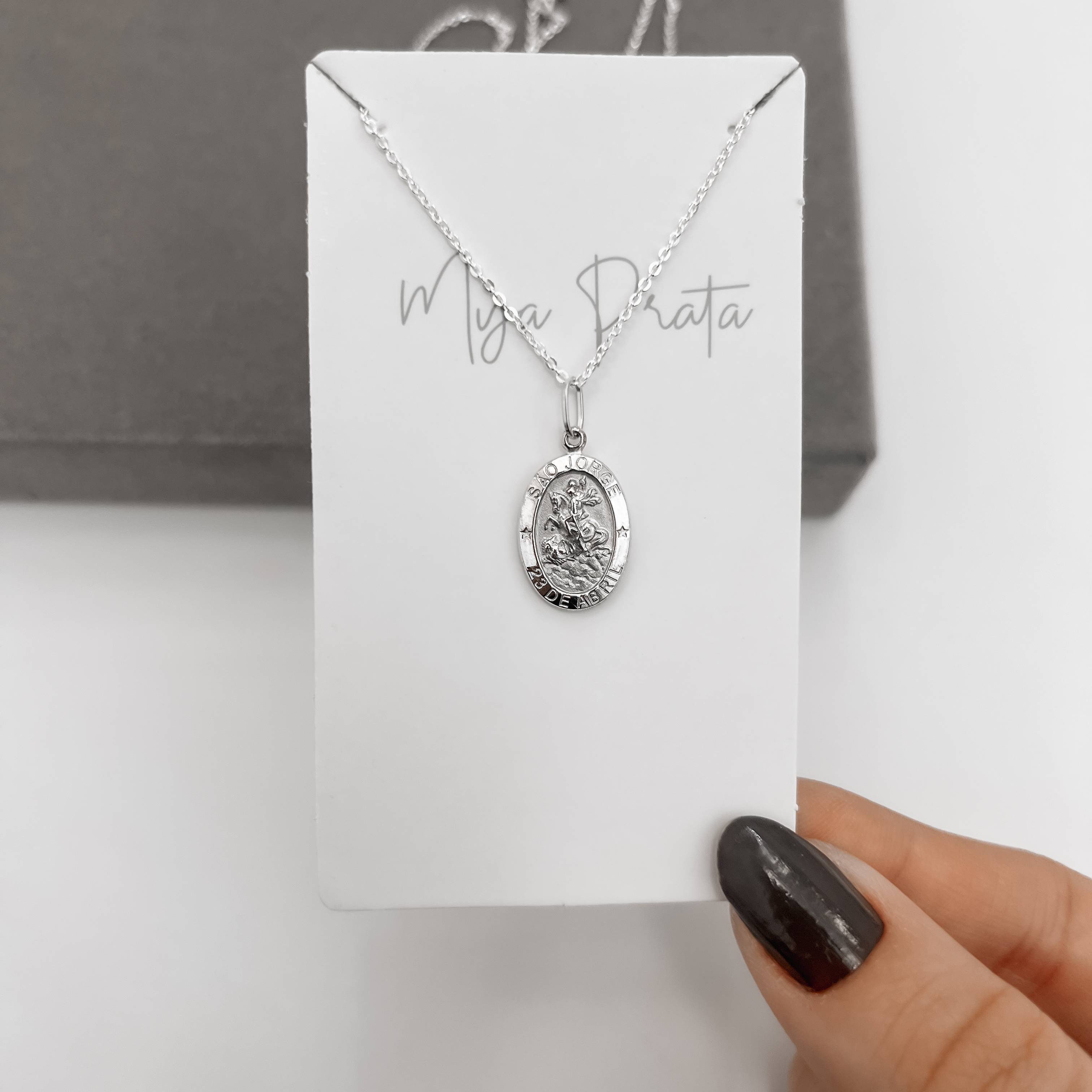 Imagem Colar pingente medalha dupla face São Jorge e cruz 16mm corrente cadeadinho 45cm