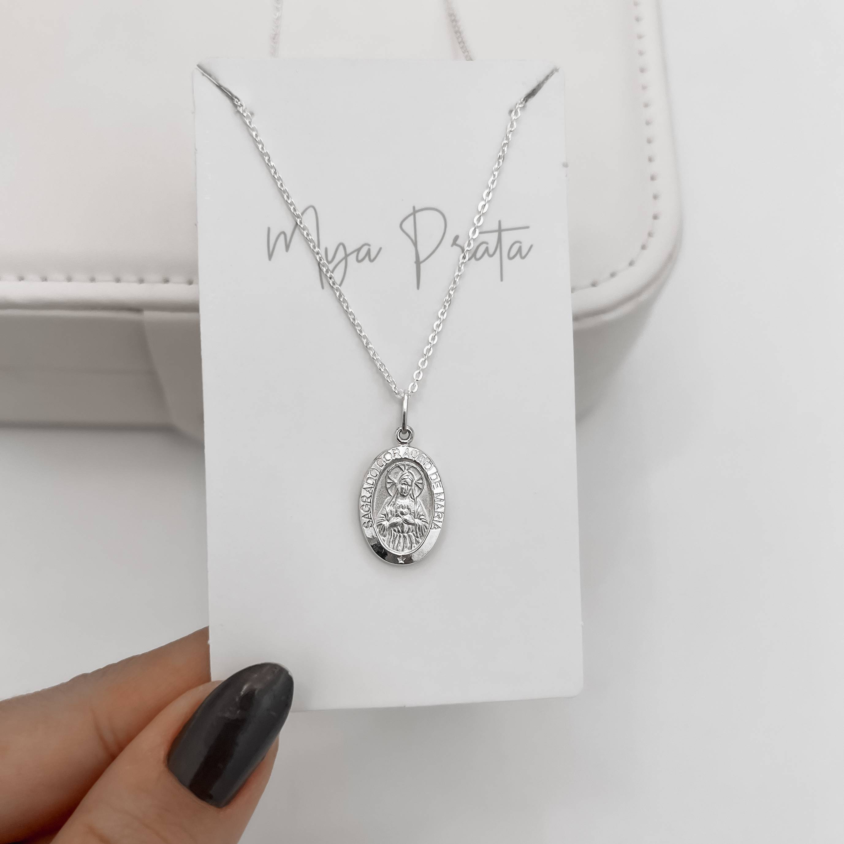 Imagem Colar pingente medalha dupla face Sagrado Coração de Maria e cruz 16mm corrente cadeadinho 45cm