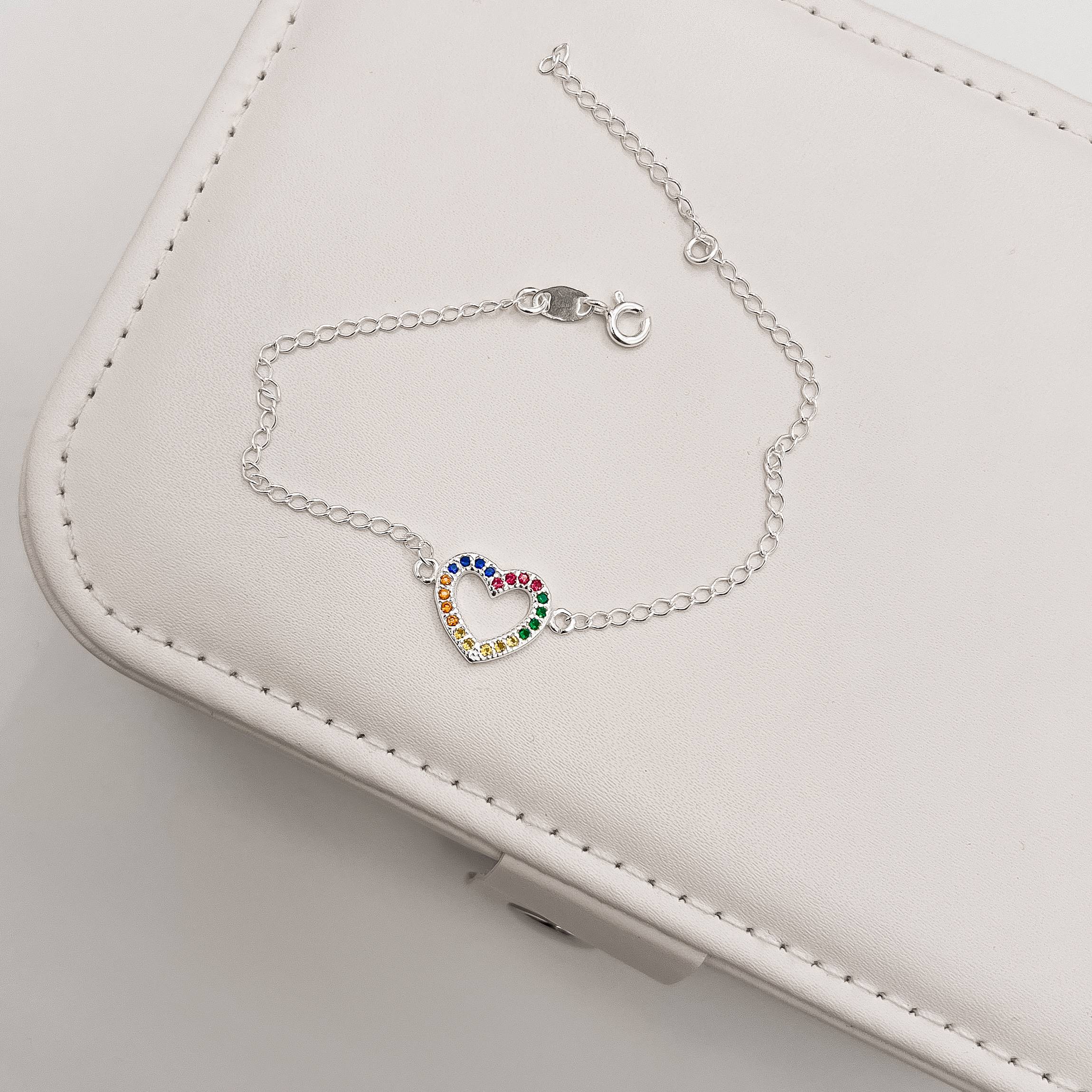 Pulseira entremeio coração vazado cravejado colorido 13mm