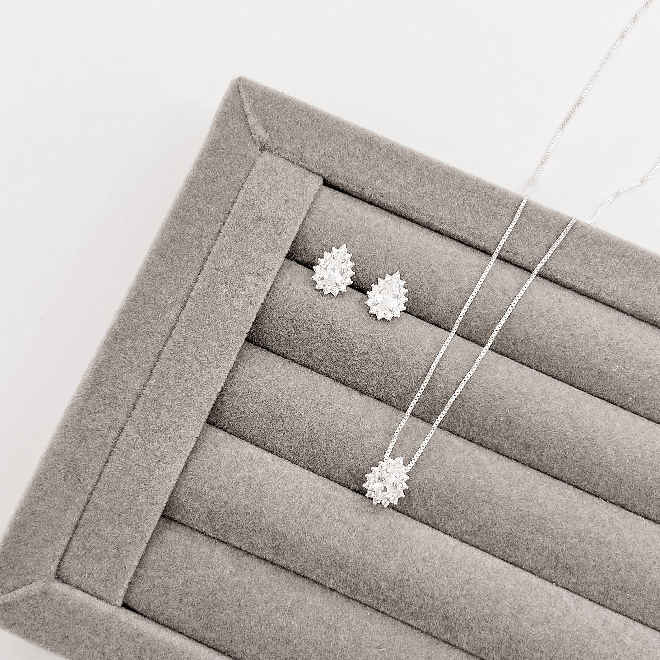 Conjunto brinco e colar zircônia gota com cravejado 10mm 45cm