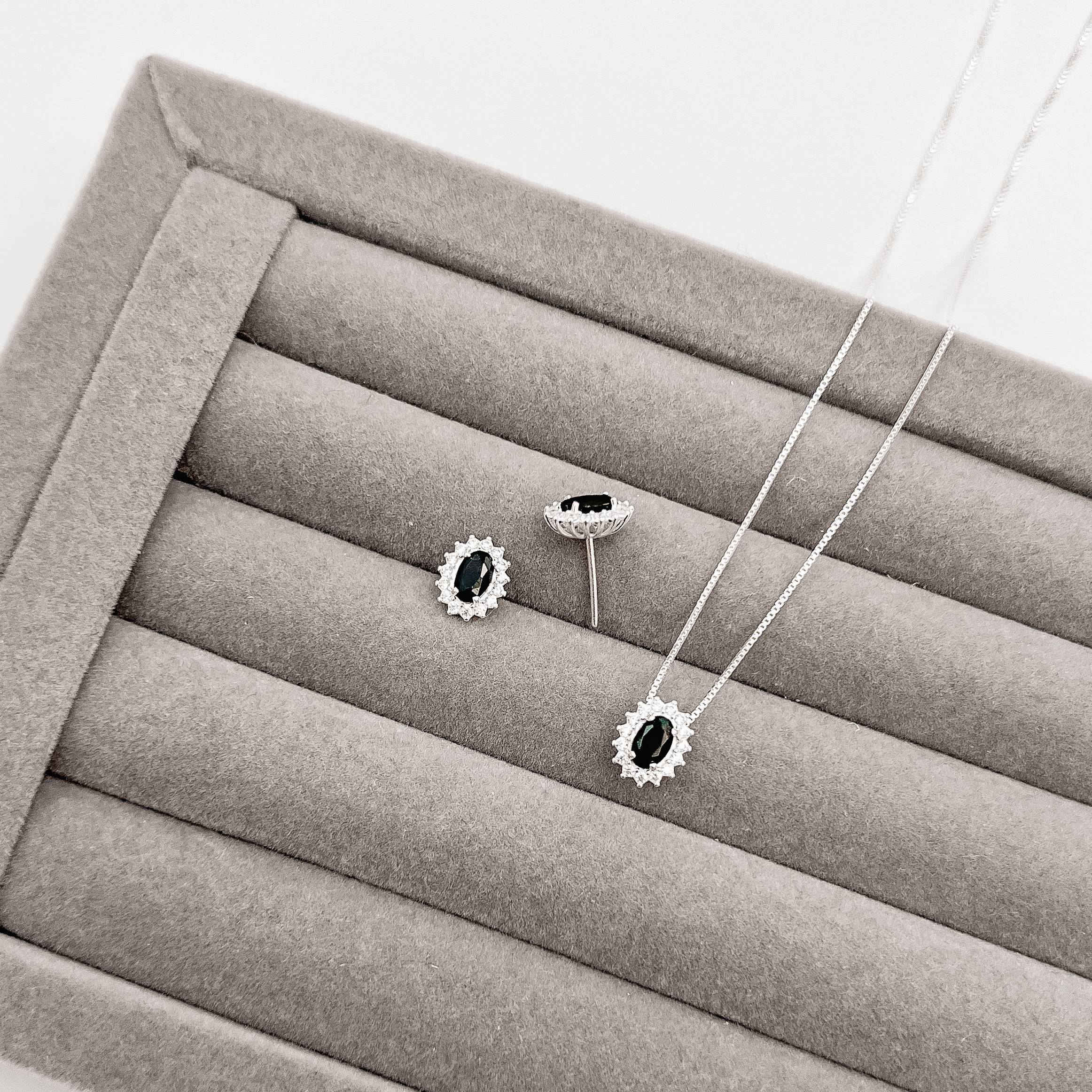 Conjunto brinco e colar zircônia oval ônix com cravejado 10mm 45cm