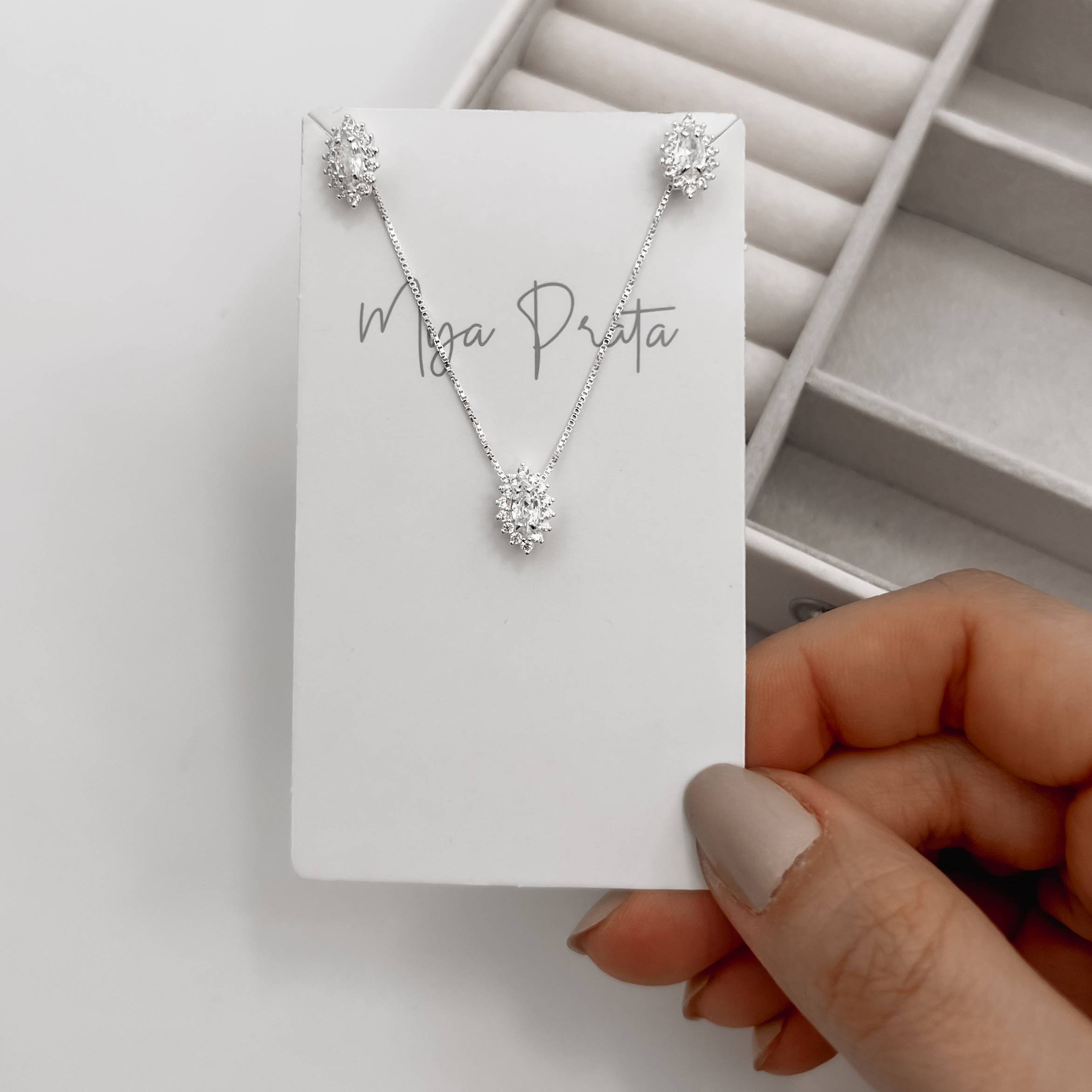 Conjunto brinco e colar zircônia navete com cravejado 10mm 45cm