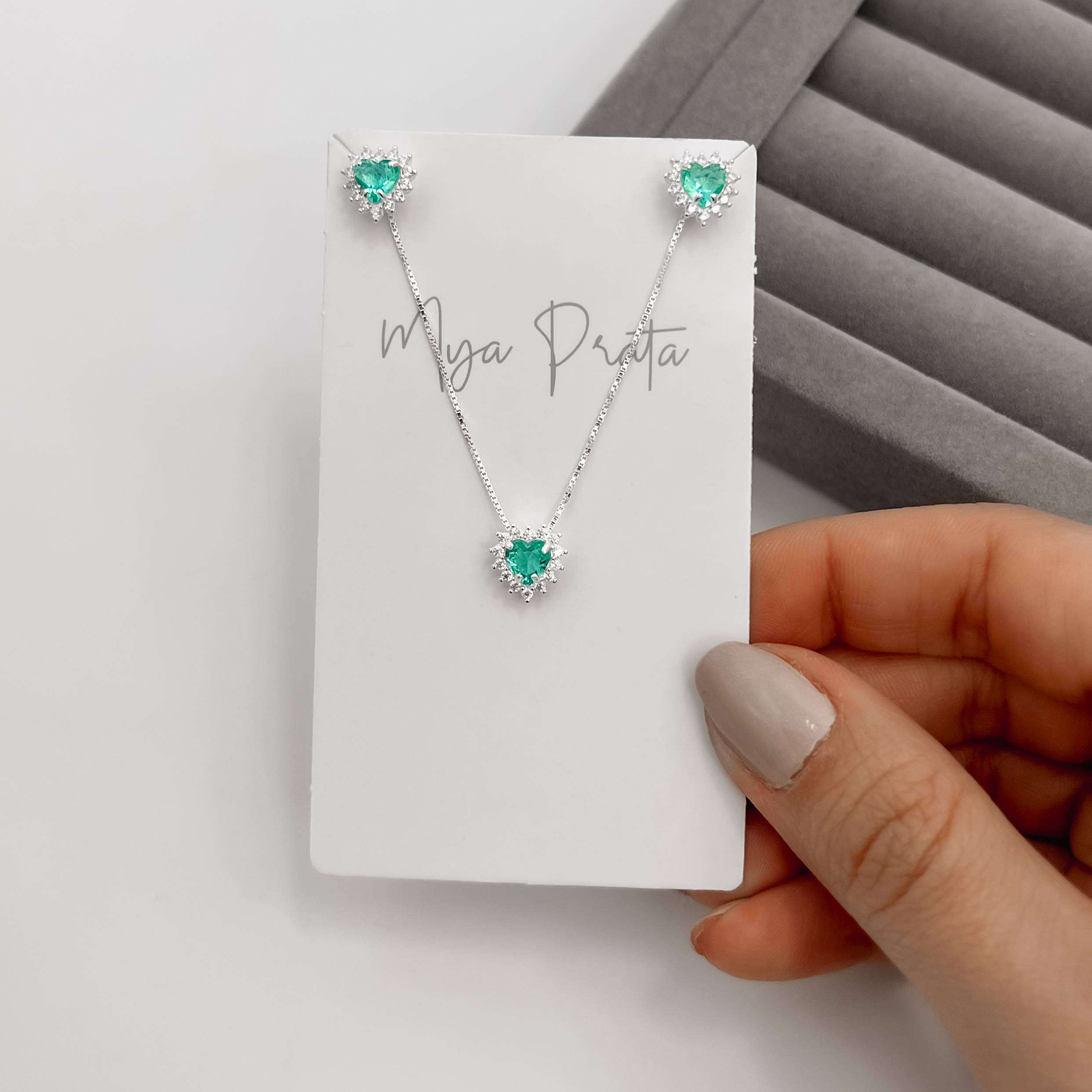 Conjunto brinco e colar zircônia coração acqua com cravejado 9mm 45cm