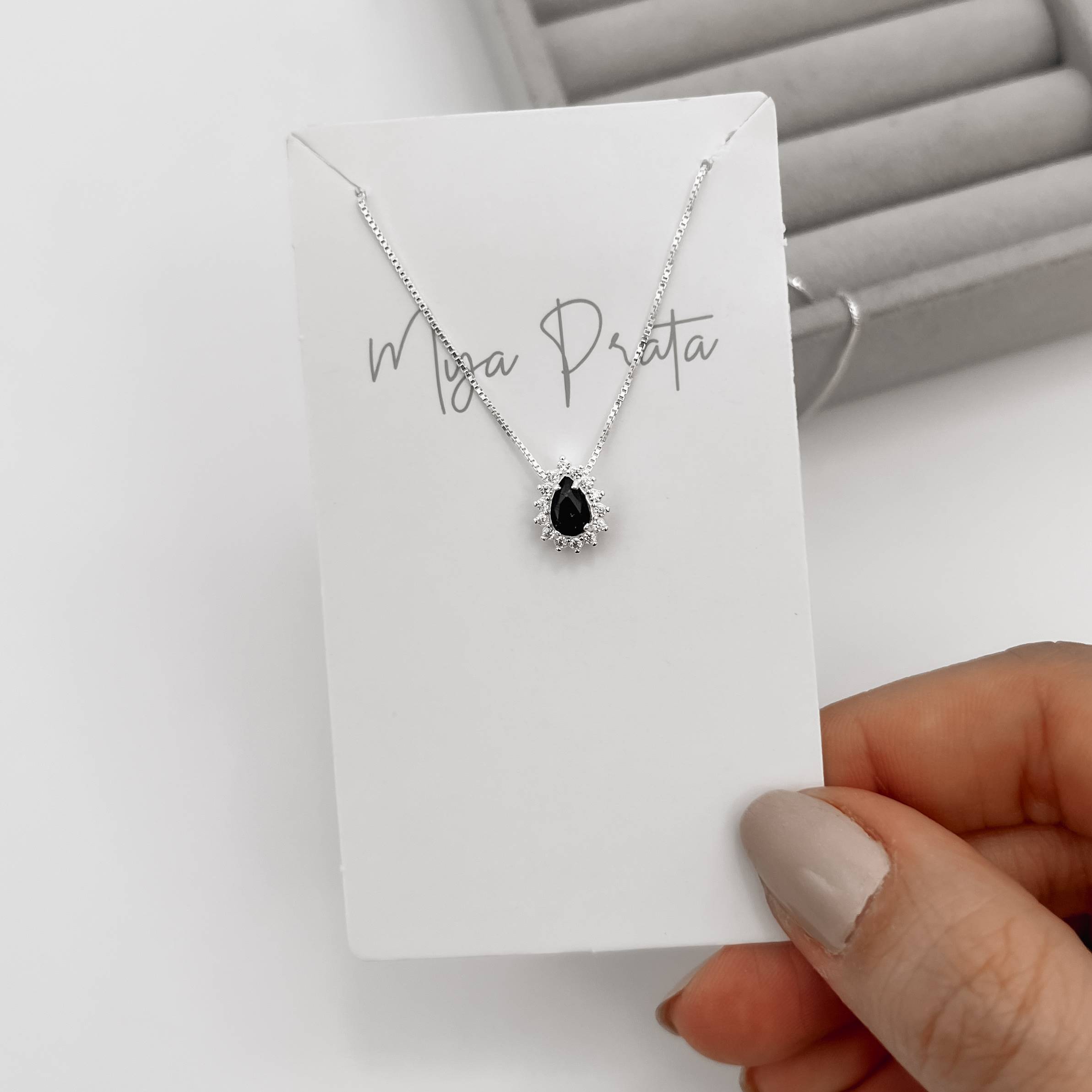 Imagem Colar zircônia gota ônix com cravejado 10mm 45cm