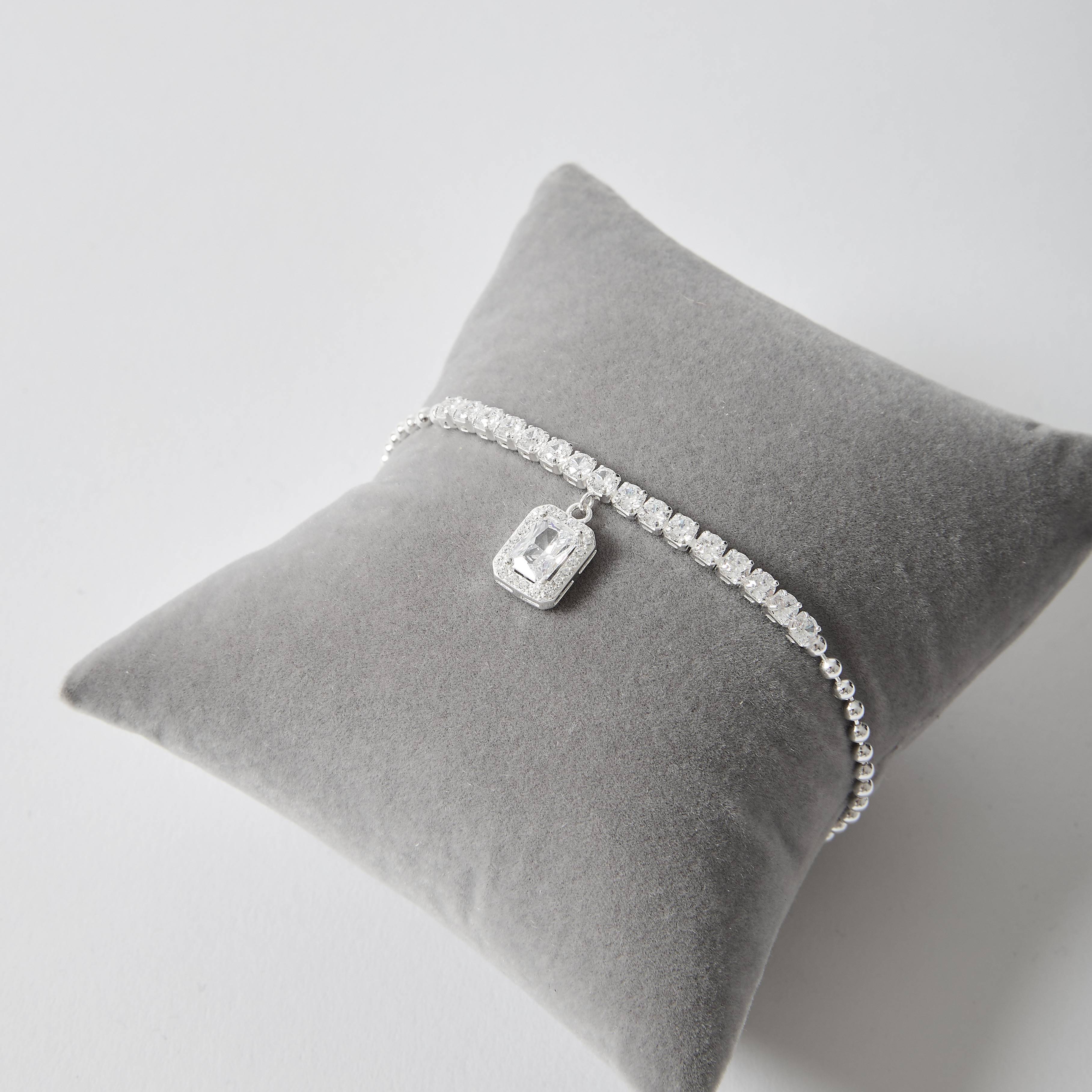 Pulseira bolas entremeio riviera com pingente zircônia retangular com cravejado 10mm 16+5cm