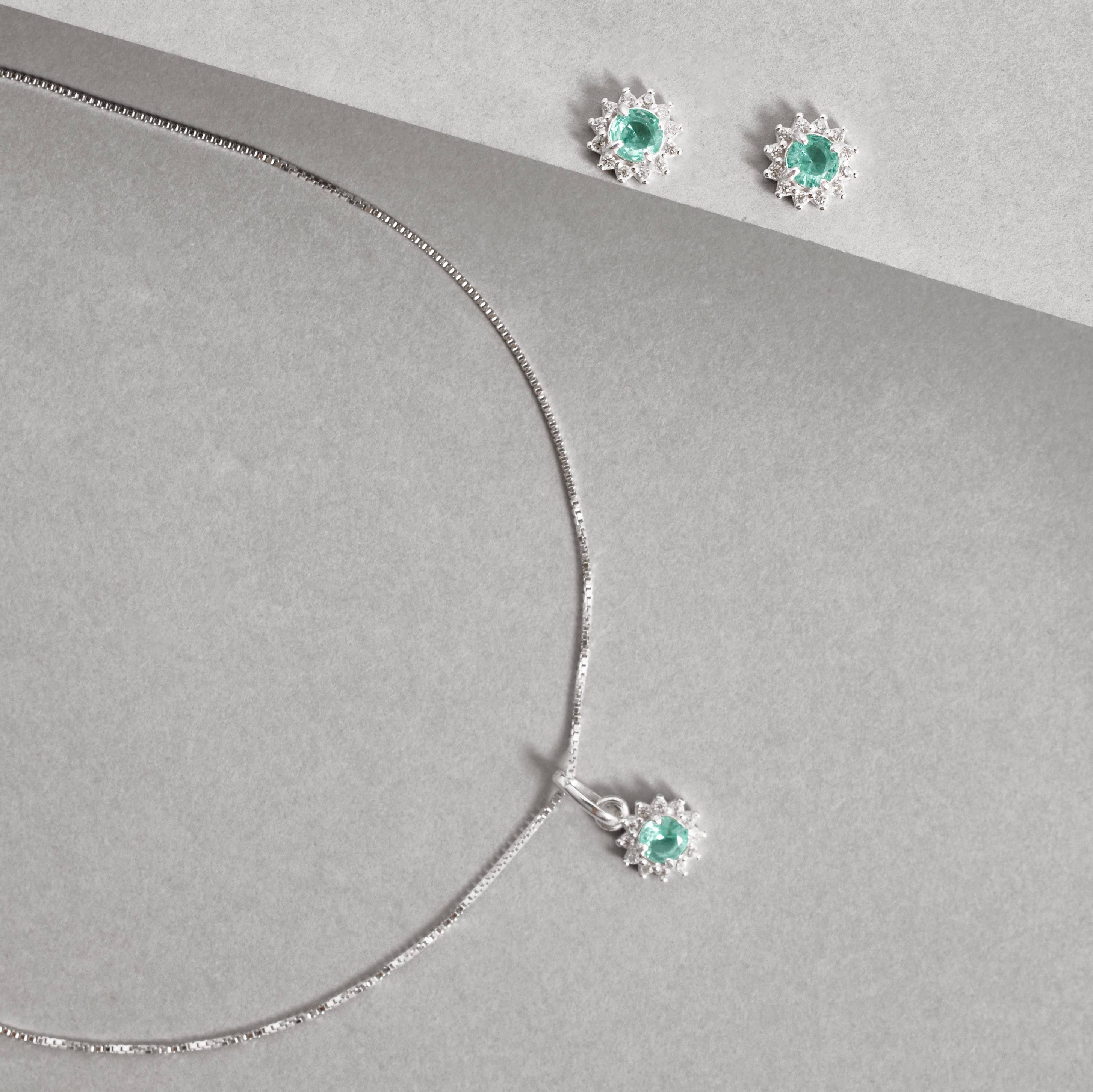 Conjunto brinco e colar zircônia redonda acqua com cravejado 7mm 45cm