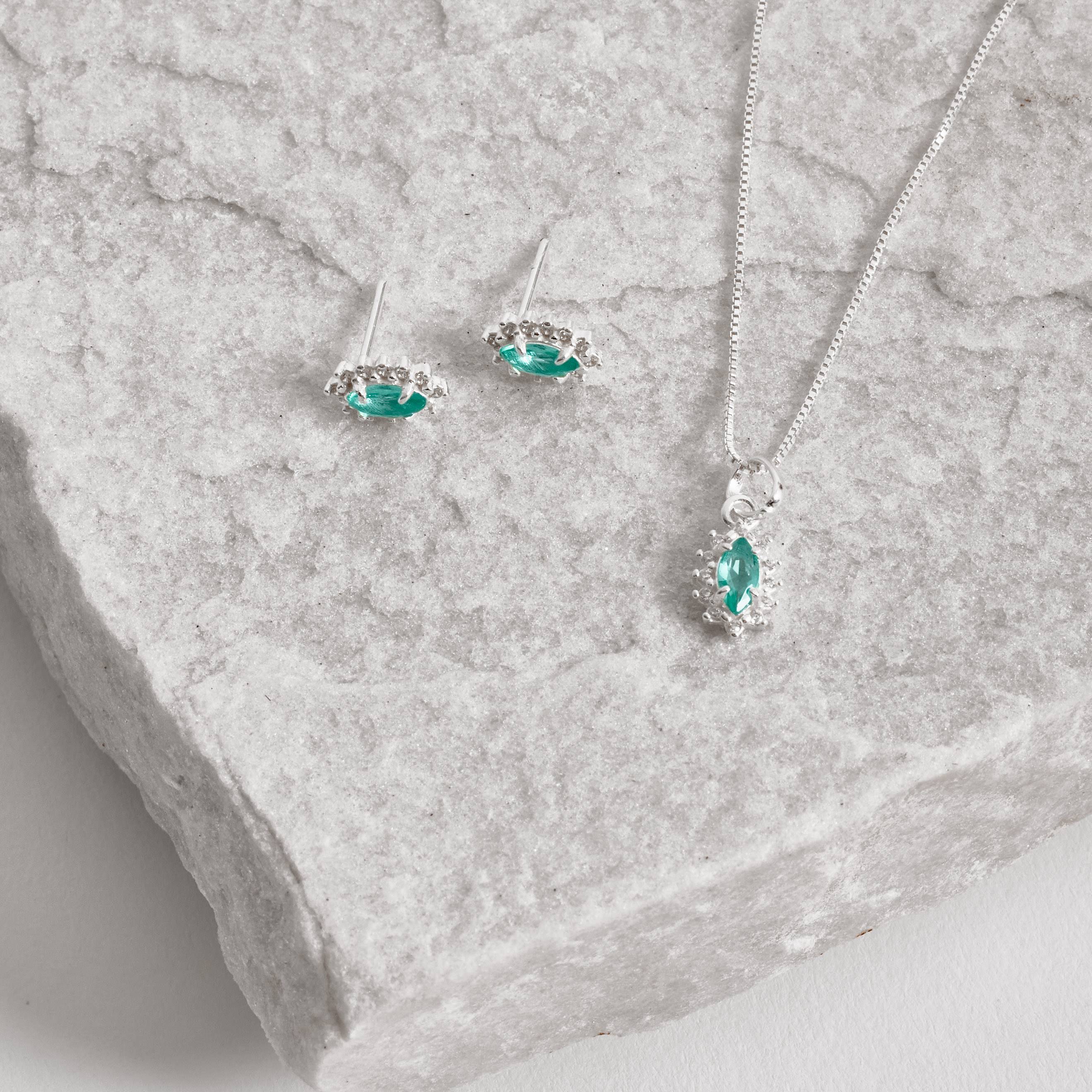 Conjunto brinco e colar zircônia navete acqua com cravejado 9mm 45cm