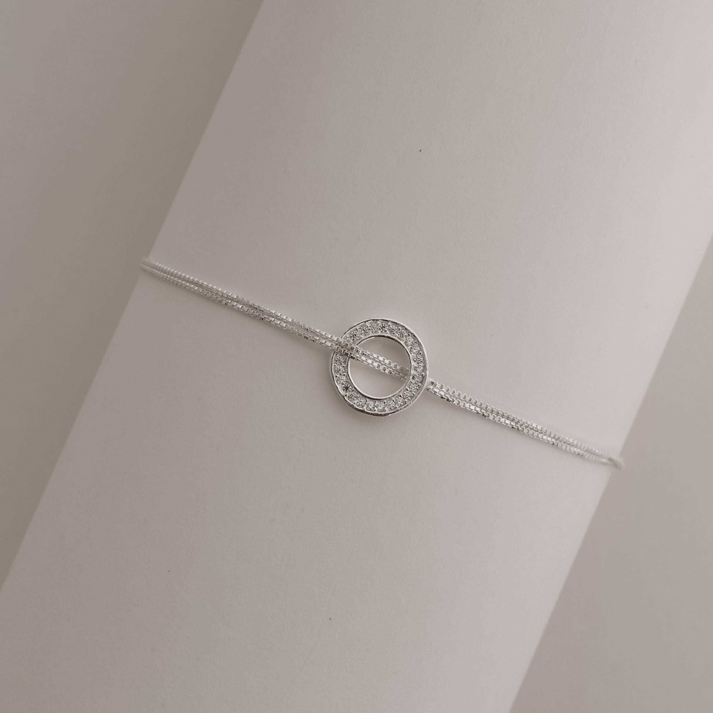 Imagem Secundária Pulseira entremeio círculo vazado cravejado 11mm corrente dupla 18+5cm