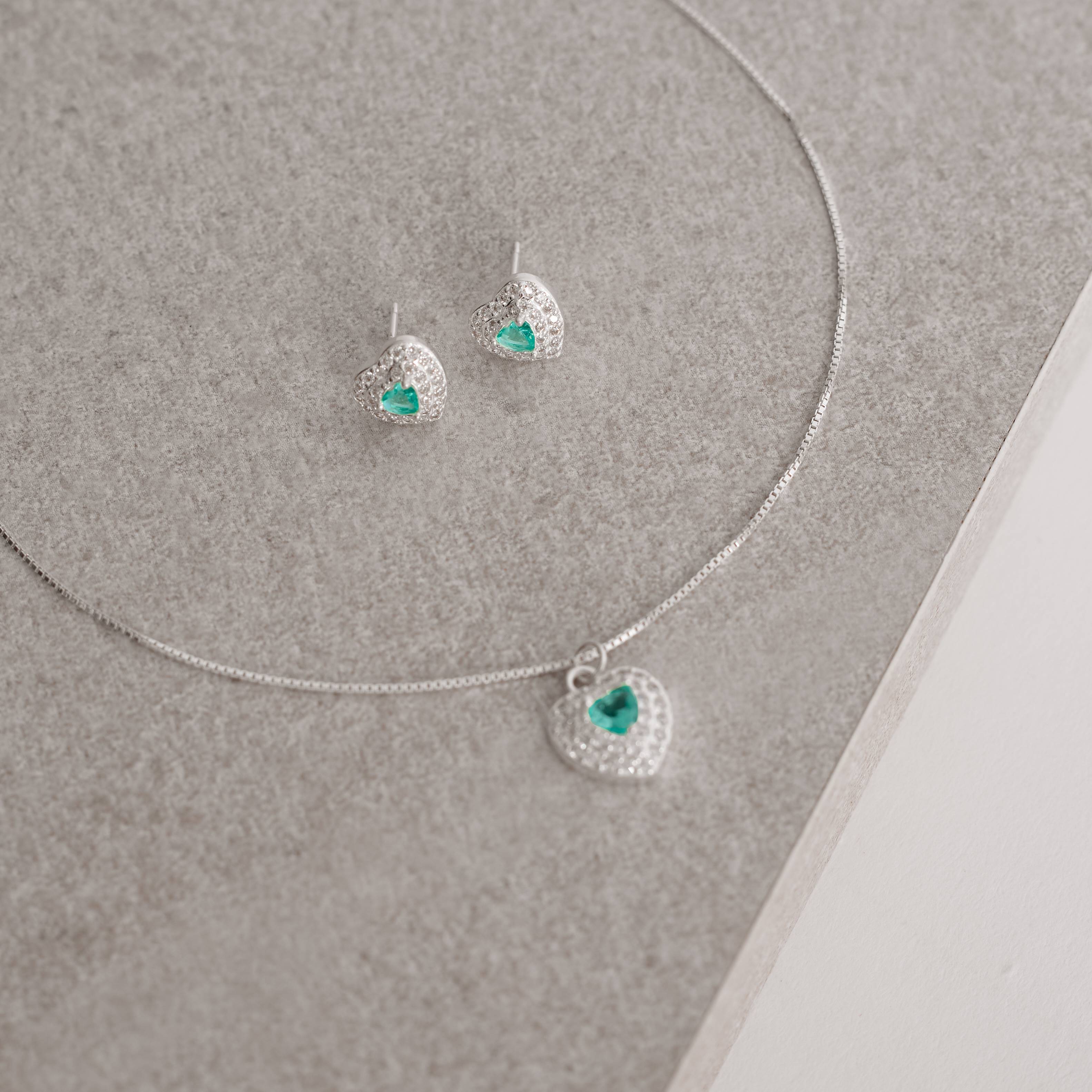 Conjunto brinco e colar zircônia coração turmalina com duplo cravejado 10mm 45cm