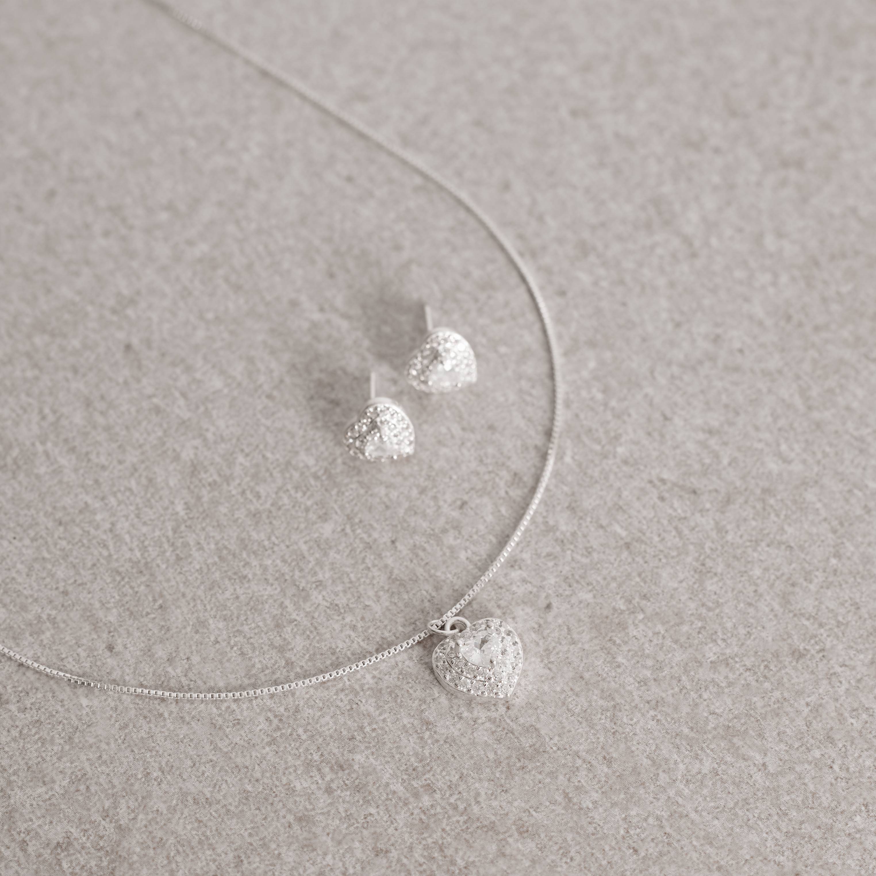 Conjunto brinco e colar zircônia coração cristal com duplo cravejado 10mm 45cm