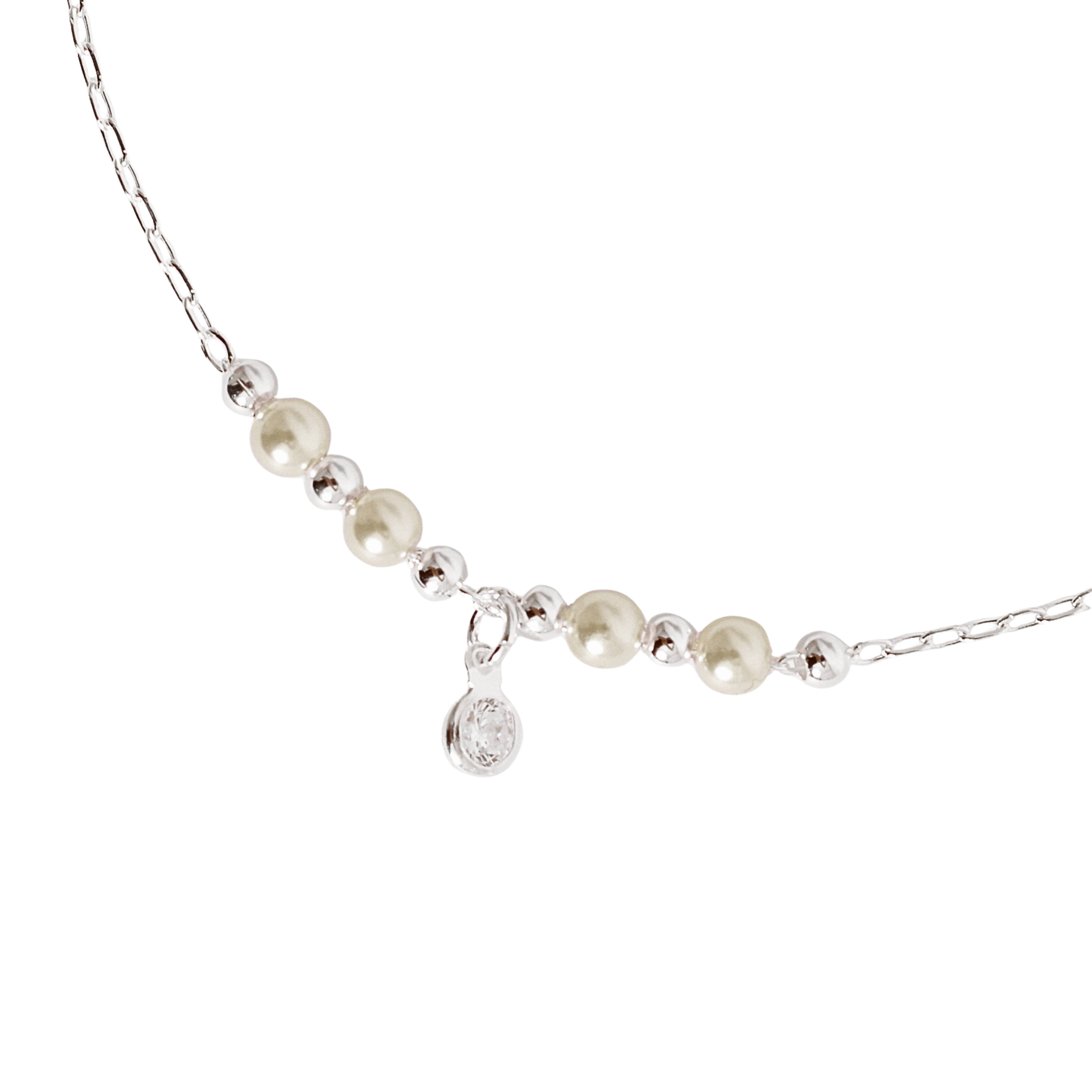 Imagem Pulseira entremeio bolas e pérolas com pingente zircônia 5mm 19cm