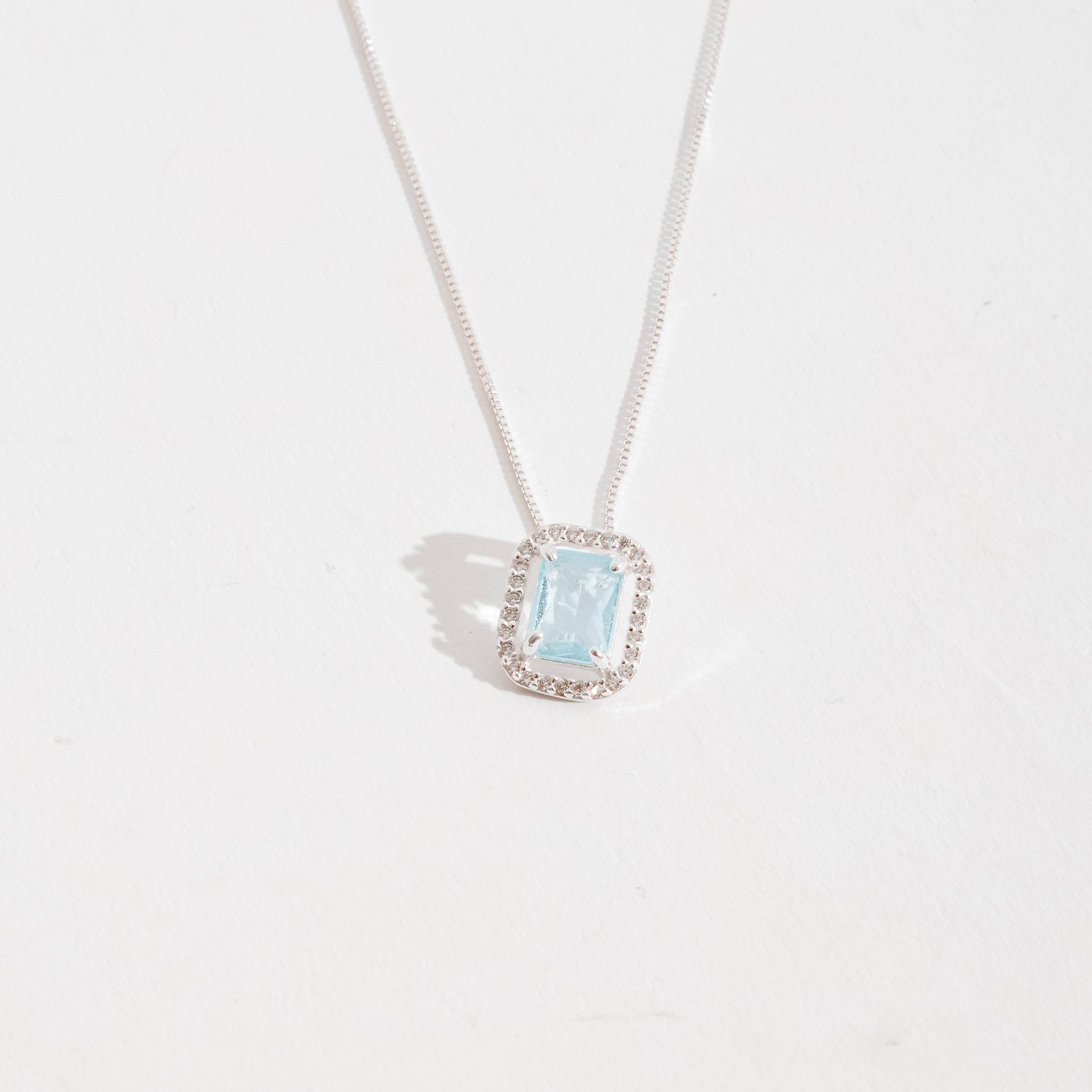 Colar zircônia retangular azul claro com cravejado 13mm 45cm