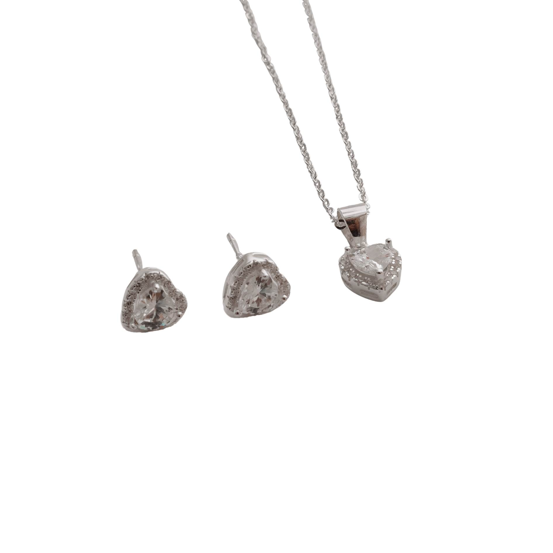 Conjunto brinco e colar zircônia coração com cravejado 7mm corrente cadeadinho 40cm