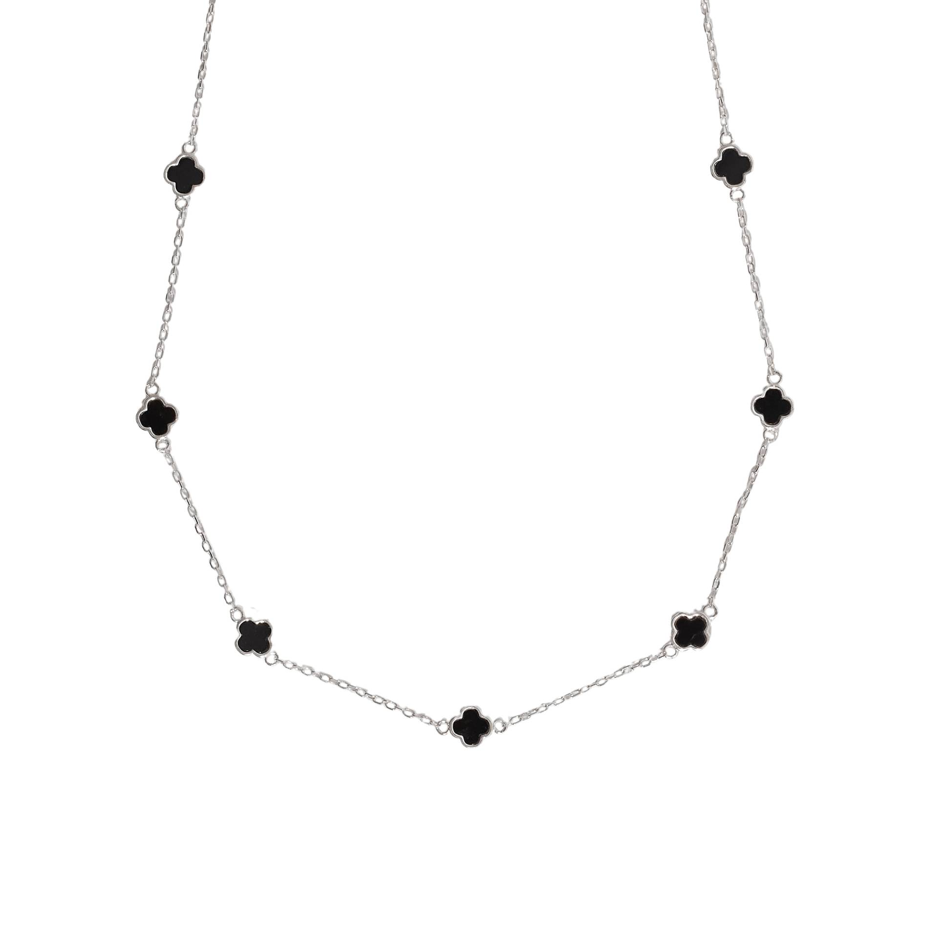 Colar entremeio trevos pedra ônix 6mm corrente cadeado 60+5cm